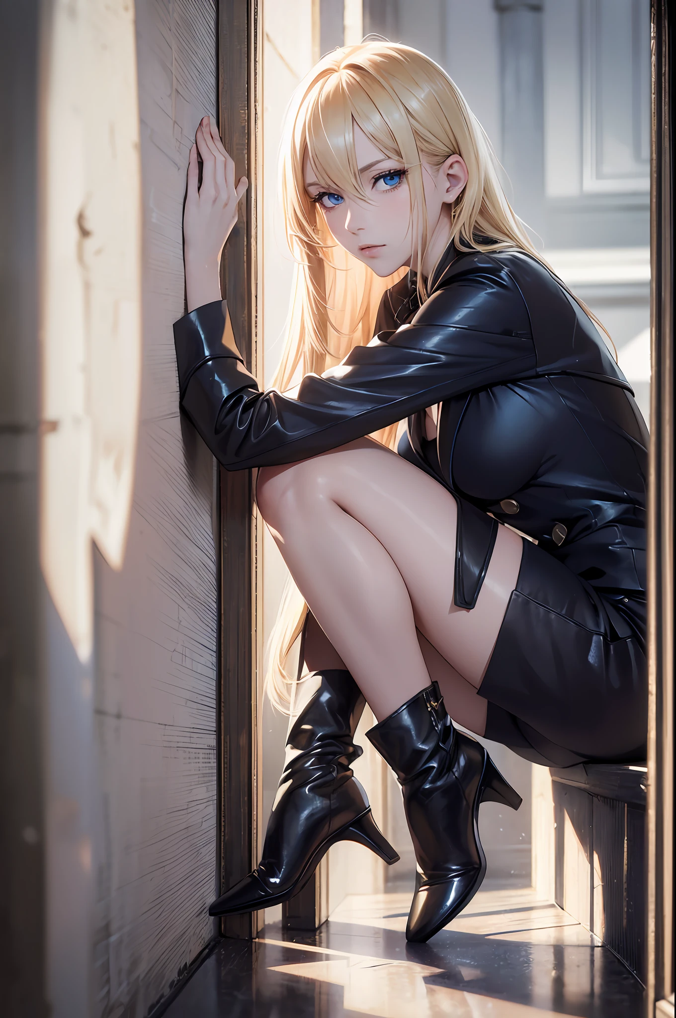 Top Quality, Masterpiece, Ultra High Resolution, (Photorealistic: 1.4), Raw Photo, 1girl, Blonde Hair, Blue Eyes, Detailed Eyes and Face, Black Suit, Dynamic Lighting, Dark, Deep Shadows, Unobtrusive, Cowboy Shots Full Length Body, Full Body