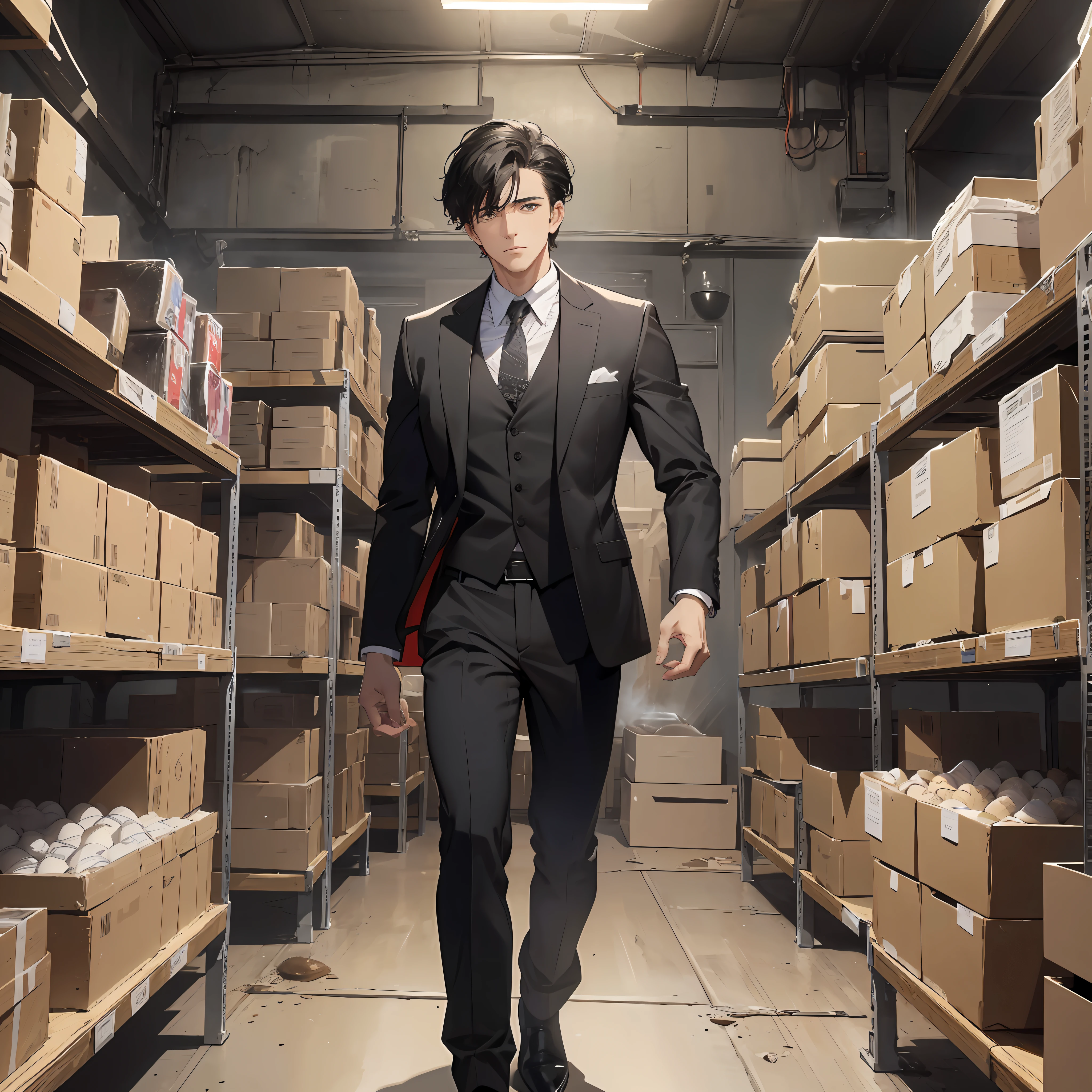 A thirty-year-old middle-aged man in a black suit with short black hair standing in a storeroom piled with eggs (in the background is a storeroom full of eggs 1.5) (piled with eggs 1.8) (best quality: 1.1) (Vista 1.5) (Masterpiece: 1.3) with an unparalleled masterpiece, surreal 8K, perfect artwork, super detail, best quality, masterpiece 4K wallpaper aesthetics, masterpiece, award-winning artwork, official art, cinematic lighting (Handsome Young 1.5) (Handsome 1.5) (vicissitudes 1.3)