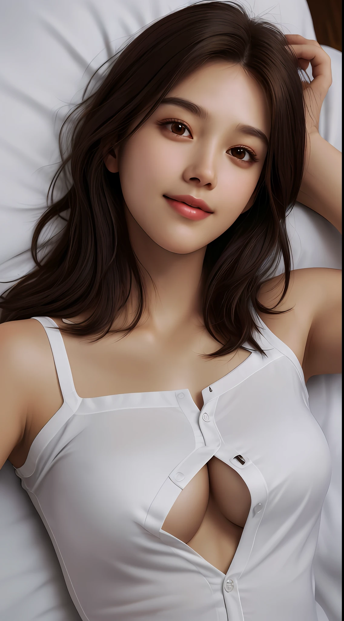 upper body, masterpiece, best quality, raw photo, photorealistic, big, face light, shiny skin, high resolution, super detail, detail, detailed eyes and face, sharp pupils, realistic pupils, smile, sharp focus, lying on bed, brown hair, men's shirt, bob hair, no bra, underwear visible