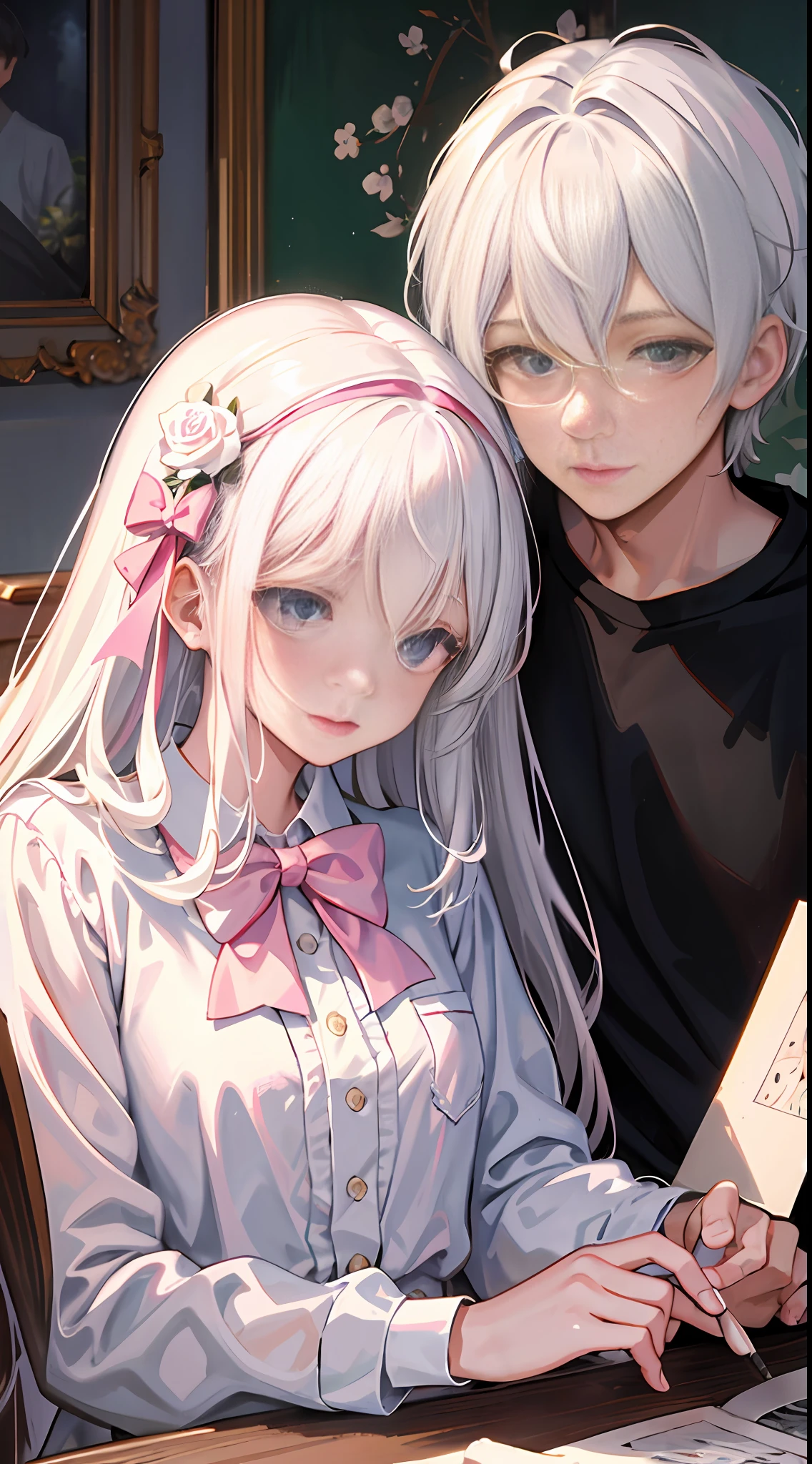 Masterpiece, best quality, super detailed, illustration, beautiful detailed eyes, close up, with a boy and a girl. The girl is white hair, pink bow, white pajamas. The boy is black hair, comma hair, white T-shirt. Boys and girls in the room,