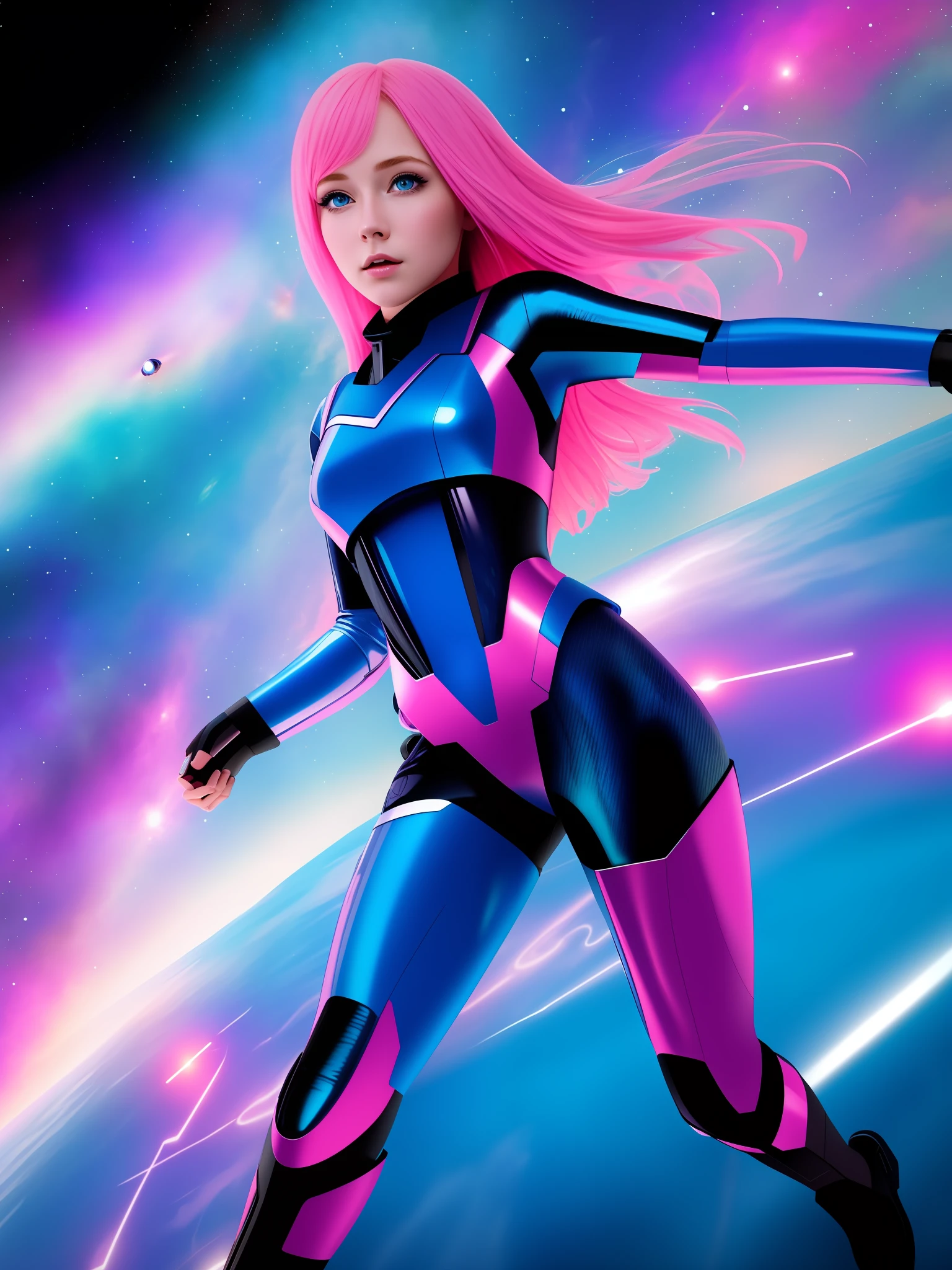 1girl, solo, blue eyes, pink hair, looking at viewer, explosive scene, outer space, spacecraft, futuristic comic book wallpaper, illustration, dynamic angle, full body, sexy spacesuit