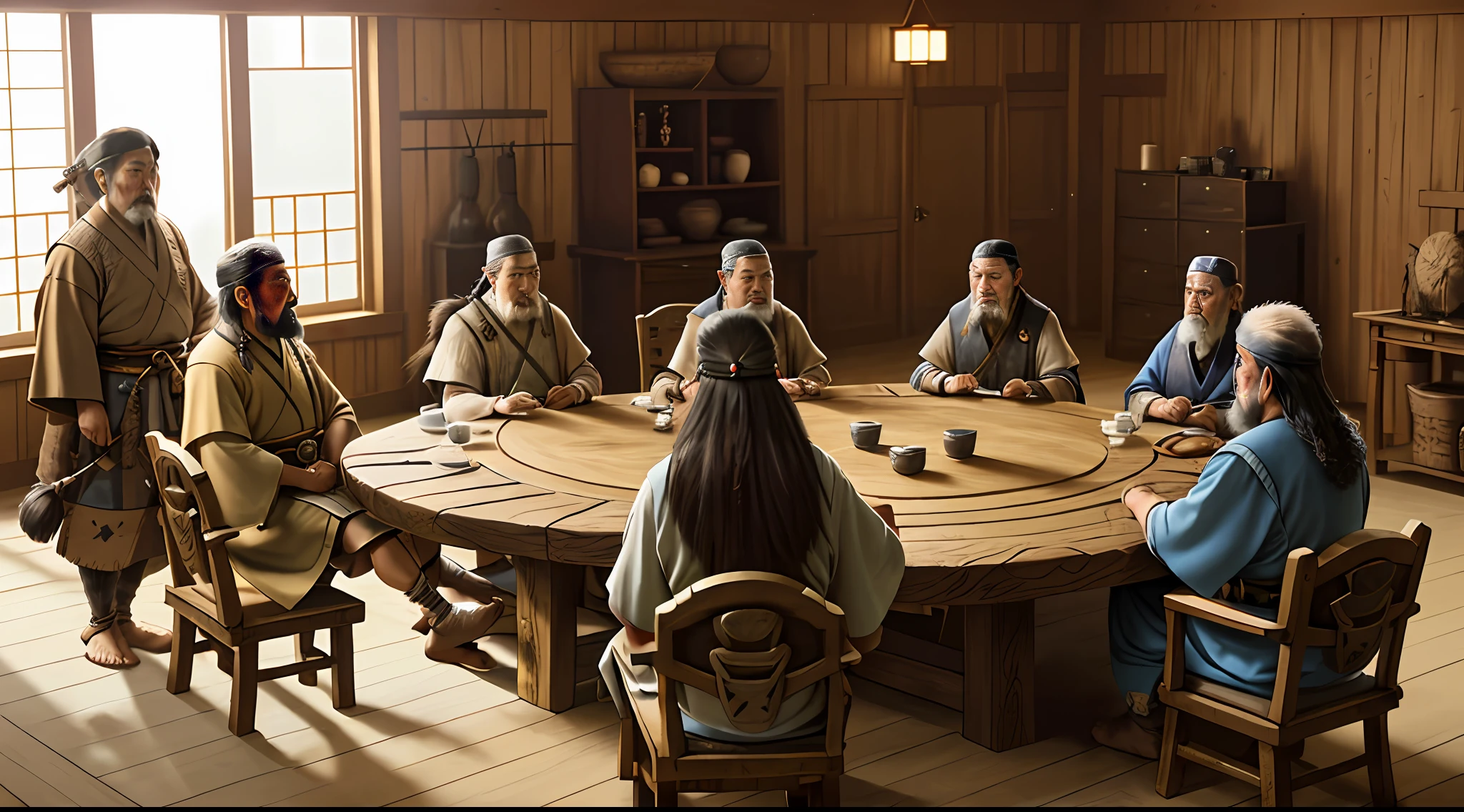 masterpiece, Highly detailed, super realistic, 4k, 8k, detailed background, bright Lighting, Daylight,
(Ainu Chieftains' Meeting), (Indoor), (Round Table), (Close Up), (Heated Debate), (Exciting), (Fighting),