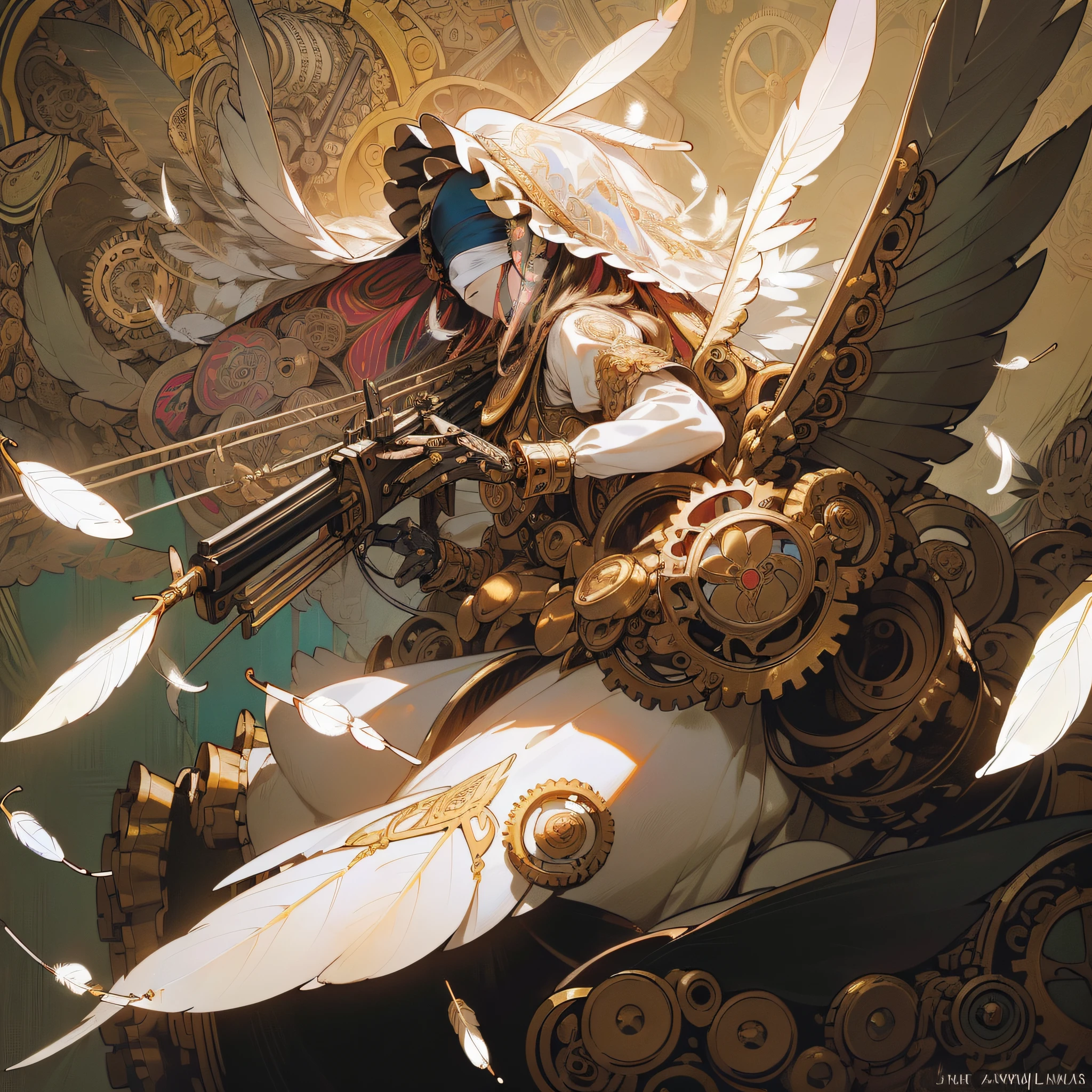 //style
(steampunk:0.8), (Maximalism:1.8), vivid contrast, Gustav Klimt, Gustave Moreau,
BREAK
//quality and character
(realistic:1.3), super photo realistic illustration, highres, ultra detailed, absurdres,
extremely beautiful machine lady (holding many guns:1.5), (from side:1.3),
(Zentangle:1.5),
(wearing a cloth blindfold:1.5) decorated with various jewels and light chains, (mechanical angel halo:1.3), blind mask,
(wearing a cloth blindfold:1.5) decorated with various jewels and light chains, (mechanical angel halo:1.3), blind mask,
(wearing a cloth blindfold:1.5) decorated with various jewels and light chains, (mechanical angel halo:1.3), blind mask,
(school uniform with frills:1.3), (mechanical bonnet decorated with many flowers:1.3), jewelries, light chains,
(wings, feathers:1.8),
BREAK
(detailed machine body with glowing lights:1.5), (attached huge machines, attached huge guns, attached huge mechanical swords:1.5),
(detailed machine body with glowing lights:1.5), (attached huge machines, attached huge guns, attached huge mechanical swords:1.5),
(detailed machine body with glowing lights:1.5), (attached huge machines, attached huge guns, attached huge mechanical swords:1.5),
(detailed mechanical arms, detailed mechanical legs:1.3),
(detailed mechanical arms, detailed mechanical legs:1.3),
(detailed mechanical arms, detailed mechanical legs:1.3),
(detailed mechanical many wings, detailed mechanical butterfly wings, musket rifles, heavy weapons:1.8), (large magic circles around:1.8),
(detailed mechanical many wings, detailed mechanical butterfly wings, musket rifles, heavy weapons:1.8), (large magic circles around:1.8),
(detailed mechanical many wings, detailed mechanical butterfly wings, musket rifles, heavy weapons:1.8), (large magic circles around:1.8),
(wearing detailed mechanical dress with many large gears and jewelries and frills, detailed mechanical white veil:1.5),
(wearing detailed mechanical dress with many large gears and jewelries and frills, d