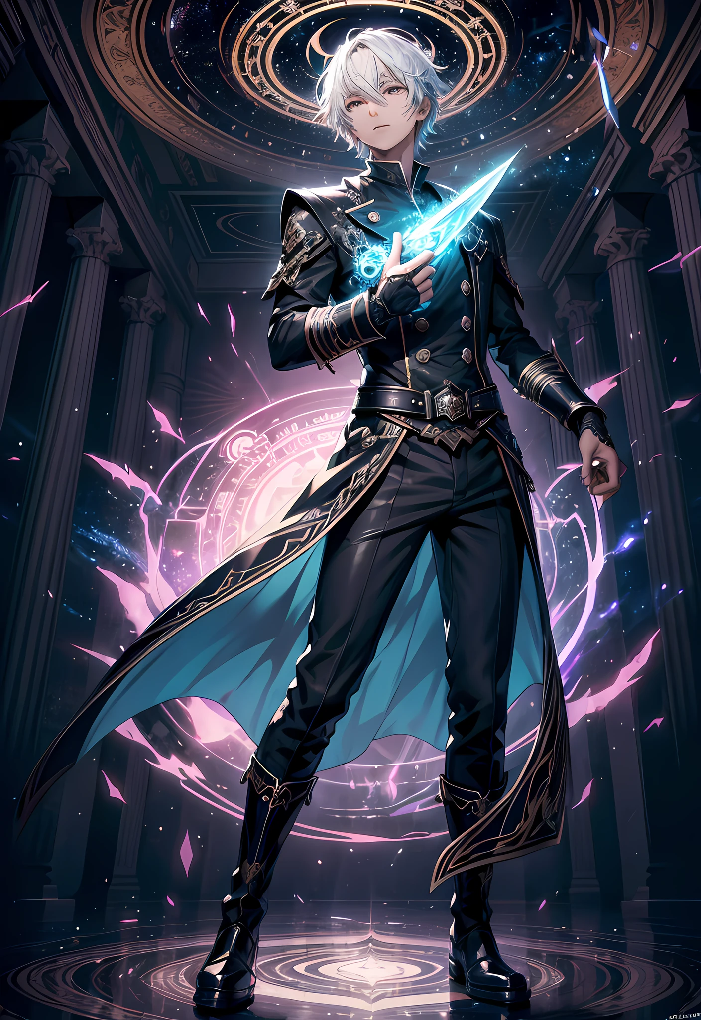 (absurdres, highres, ultra detailed, HDR), masterpiece, best quality, solo, a boy holding knife, magic knife, intricate knife, handsome, short hair, white hair, leather outfit, BREAK, dark persona, light persona, fractal, full body, ceiling, artistic background, Bio-luminescence, geometric, Organic, blessing, favor, exalted, fantasy, celestial, sublime, noble, unfolding, unraveling, spiritual, dignified, magic circle, spark, swirl, magic vortex, from below, look down