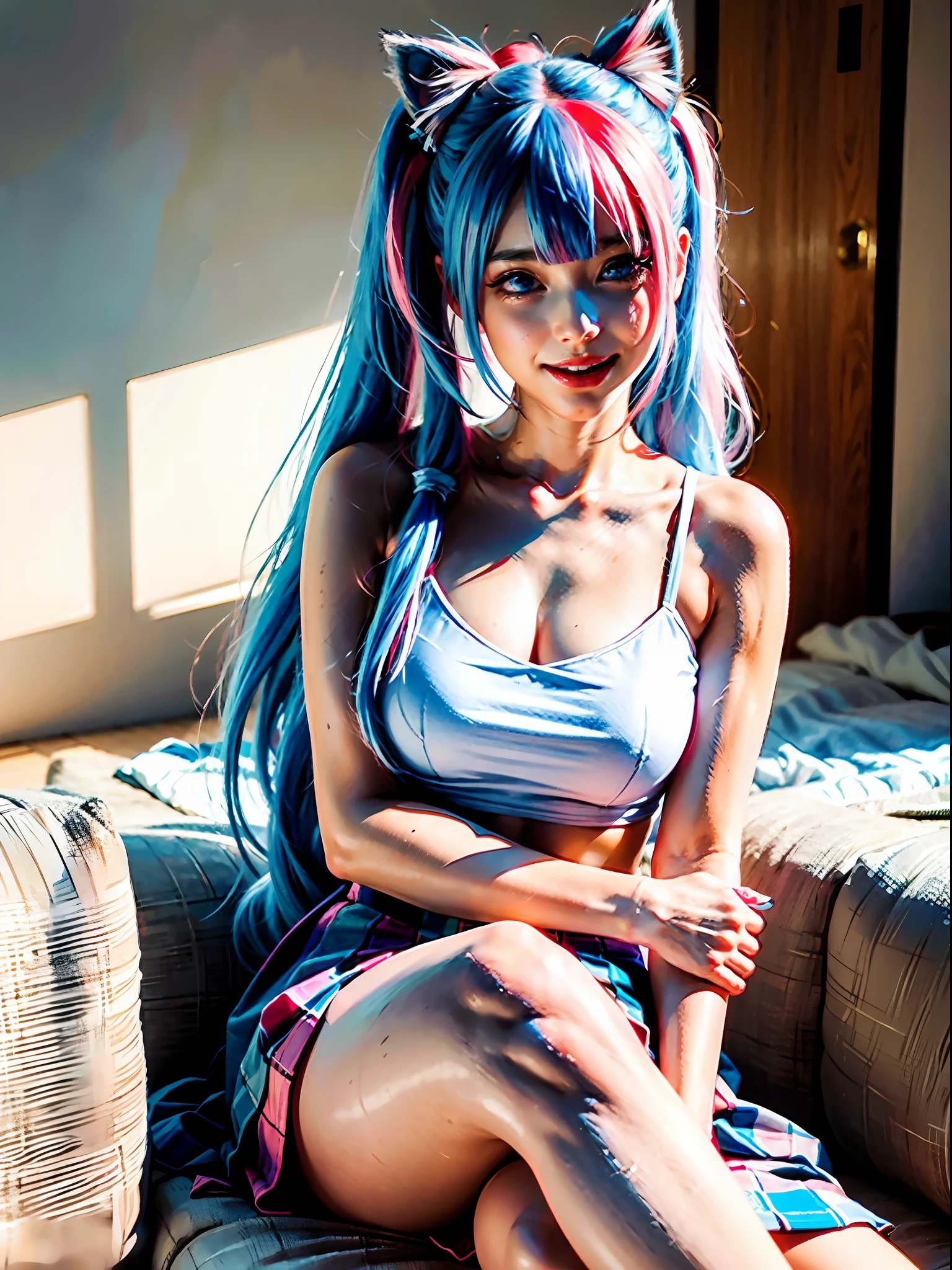 1girl, twintails, multicolored hair, hair ornament, hair over one eye, cat ears, blue eyes, blue hair, pink hair, smile, bow, solo, indoors, makeup, pleated skirt, long hair, bangs, pink nails, open mouth ,the most beautiful form of chaos, elegant, a brutalist designed, vivid colours, romanticism, atmospheric, (RAW photo, best quality), (realistic, photo-realistic:1.3), masterpiece, an extremely delicate and beautiful, extremely detailed, sitting,