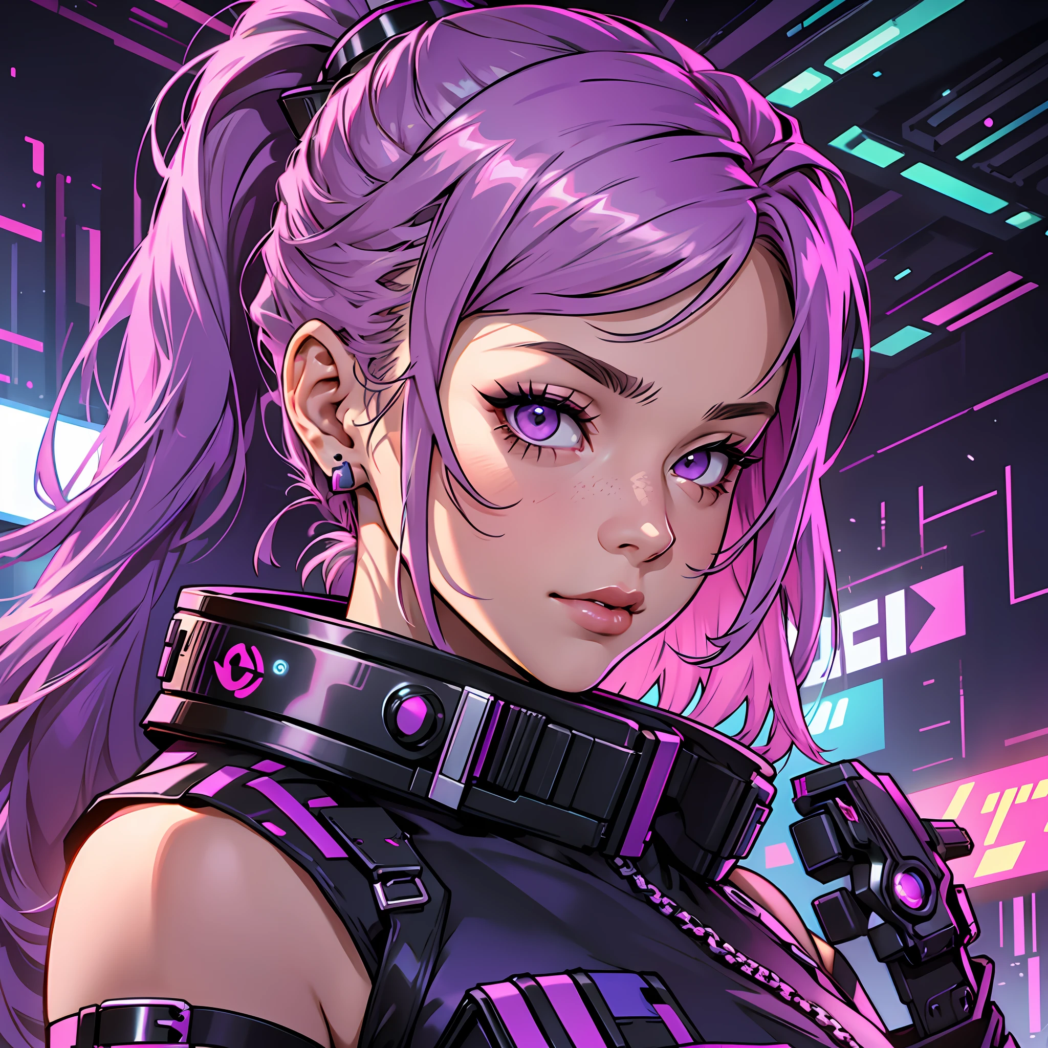 Alisa Freundlich, Alisa Shor, Alisa Kuzmina, Alisa Selezneva, girl with a purple ponytail of hair, cyberpunk style, cyberpunk lighting, cyberpunk vibes --auto --s2