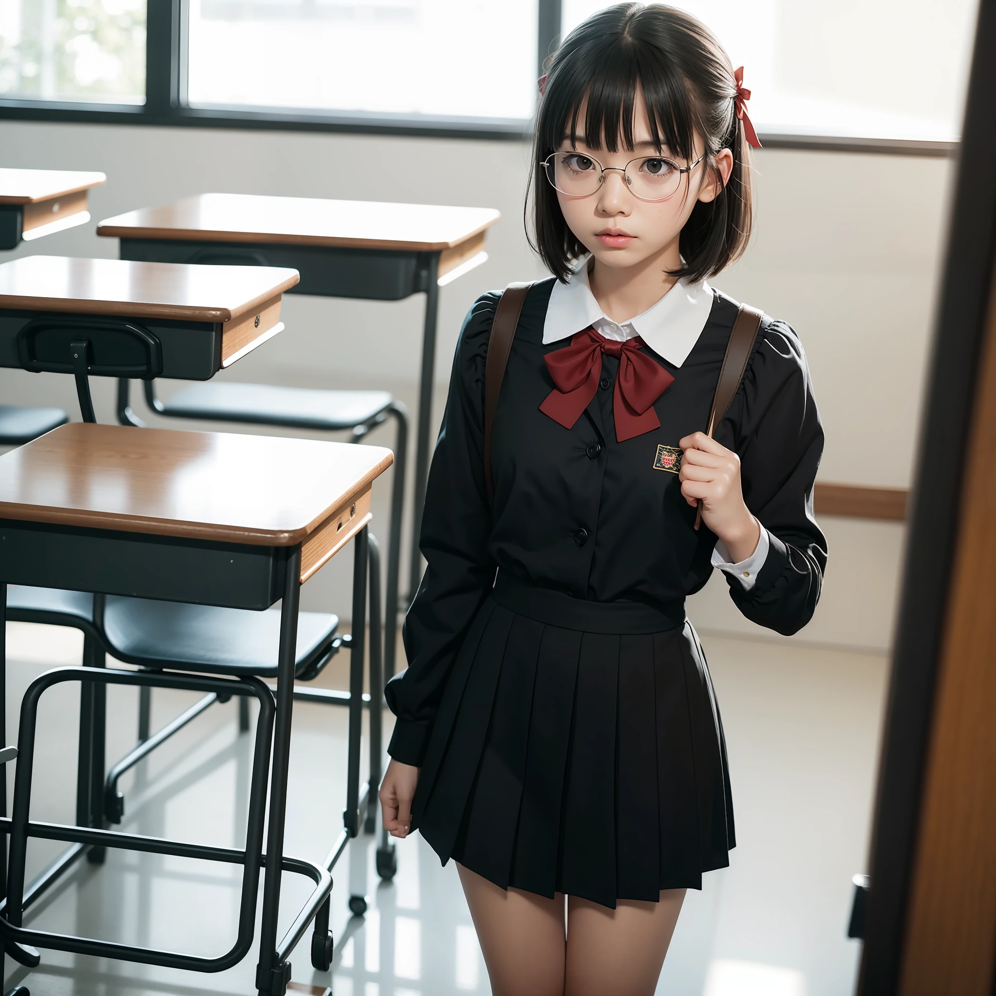 Blurry, Blurred background, Blurred foreground, Depth of field, Single girl, Medium photo, classroom, ribbon, school chair, solo, surprisingly small, full body, glasses, glaring, angry, alone, red bow, uniform, 3d, asian, lips, motion blur, standing, looking person, shirt, indoors, white shirt, short hair, ribbon tie, blackboard, bangs, black hair