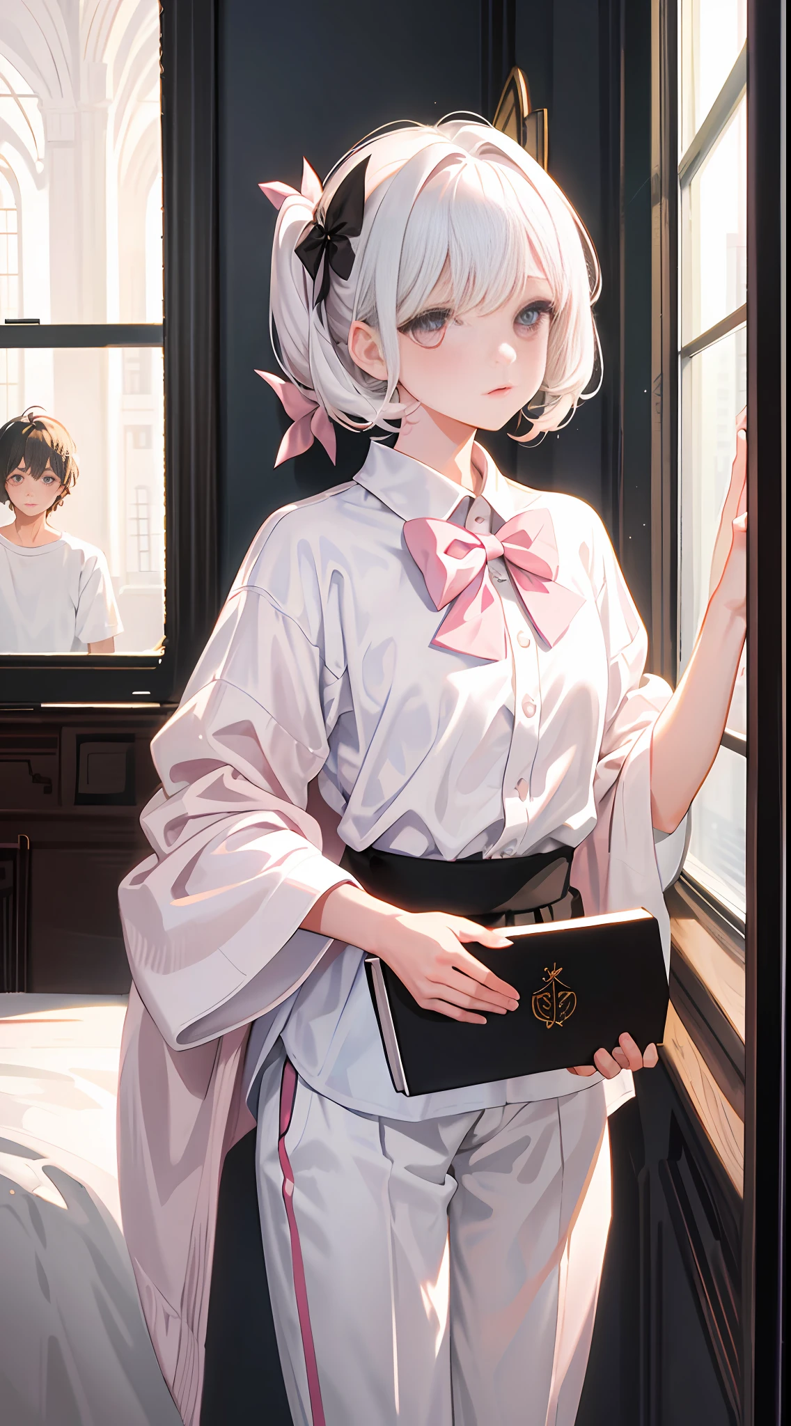 Masterpiece, best quality, super detailed, illustration, beautiful detailed eyes, close up, with a boy and a girl. It is white hair, pink bow, white pajamas. The boy is black hair, comma hair, white t-shirt, black pants. Boys and girls in the room,