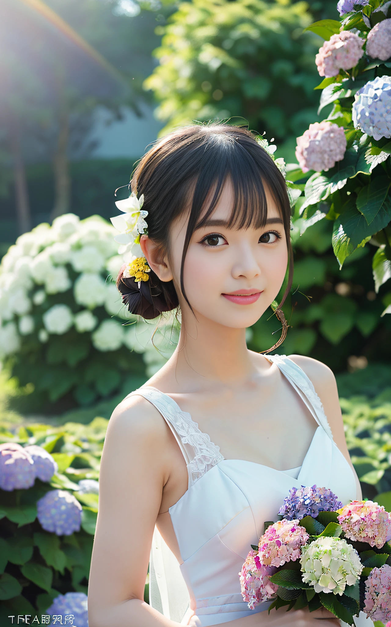 wedding dress, corolla, ((Tokugawaen)), hydrangea foreground, bokeh, photorealistic, surrounded by hydrangeas, background, dark, smiling, (1 girl), (sunset: 1.3), (8k, raw photography, best quality, masterpiece: 1.2), (realistic, photorealism: 1.37), best quality, ultra high resolution, (focus plane: 1.8), (portrait:1.7), (Intense:1.1), (Details:1.1), (Highest Quality), (Analog:1.2), (High Sharp), Canon EOS R6 Photography, (Summer Dress:1.4), (Standing in a Flower Garden:1.3), (Bright and Colorful:1.3)