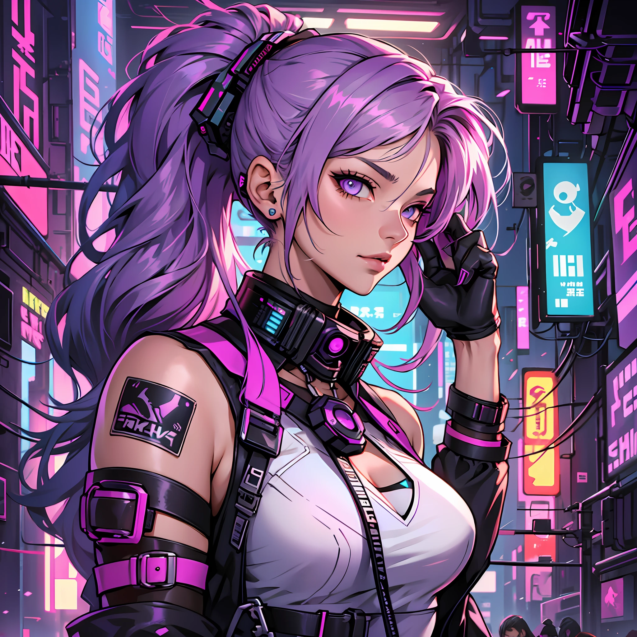 Alisa Freundlich, Alisa Shor, Alisa Kuzmina, Alisa Selezneva, girl with a purple ponytail of hair, cyberpunk style, cyberpunk lighting, cyberpunk vibes --auto --s2