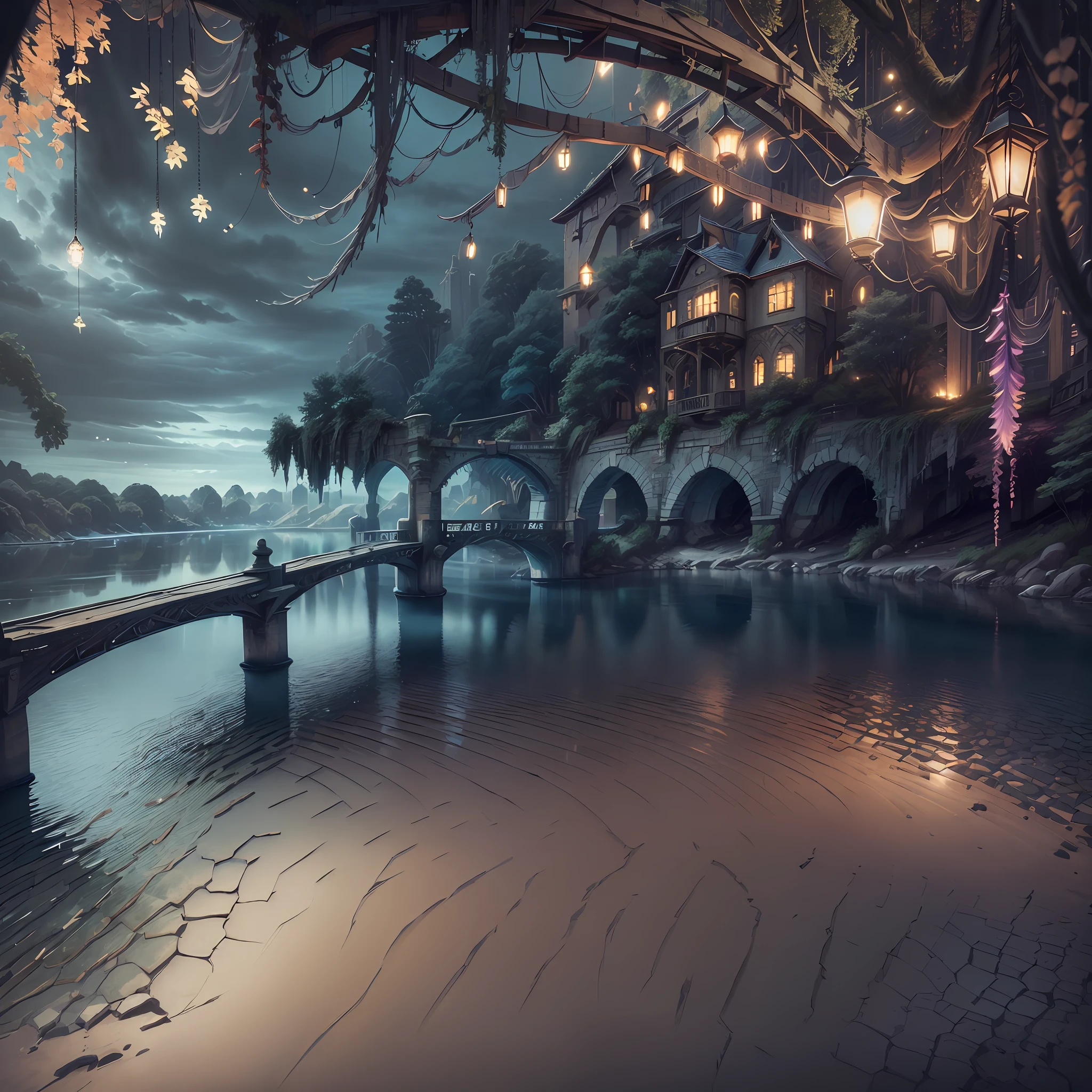 Computer, Extensive ultra photography (general view, bridge 1: 5, Scale, realistic fantasy, ultradetail, volumetric, detailed clarity, general view, detailed gloomy landscape under the bridge, computer accuracy, 1: 2, 8kk. In the foreground is a large stone bridge, a bridge arch, gray, swamp colors (ultradetailed), under the bridge there is a bank, a bridge arch, steps, cobwebs under the pavement, a large wooden barrel (1: 2), made of wood (ultradetailed), stones, a river, Dark, Dark Colors, Horror, Magic(Best Quality), 4K, Ultra Detailed, (Dynamic Composition: 1.4), High Detailed, Colorful Details, (Dark Colors: 1.2), (Luminous Lighting, Atmospheric Lighting), Cool, Gloomy, Magical --auto --s2