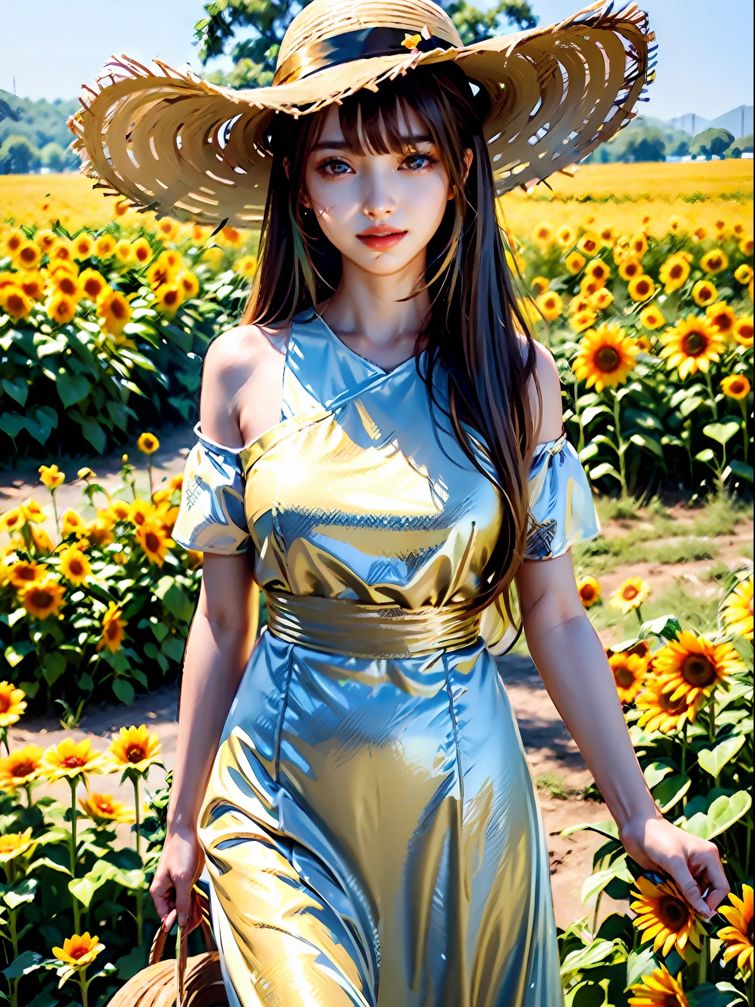 zhenzhou, 1girl, sunflower, Golden eyes, golden hair, flower, hat, dress, solo, smile, bangs, outdoors, field, standing, long hair, straw hat, looking at viewer, white dress, very long hair, yellow flower, sun hat, flower field, depth of field, closed mouth, short sleeves, blunt bangs,

(fine and beautiful detailed skin:1.2),(shiny:1.3),(Oil highlights:1.4)[wet with oil:0.6],(shiny skin:1.4), gorgeous,fantasism,nature,refined rendering,original,contour deepening,high-key and low-variance brightness scale,soft light,light and dark interlaced