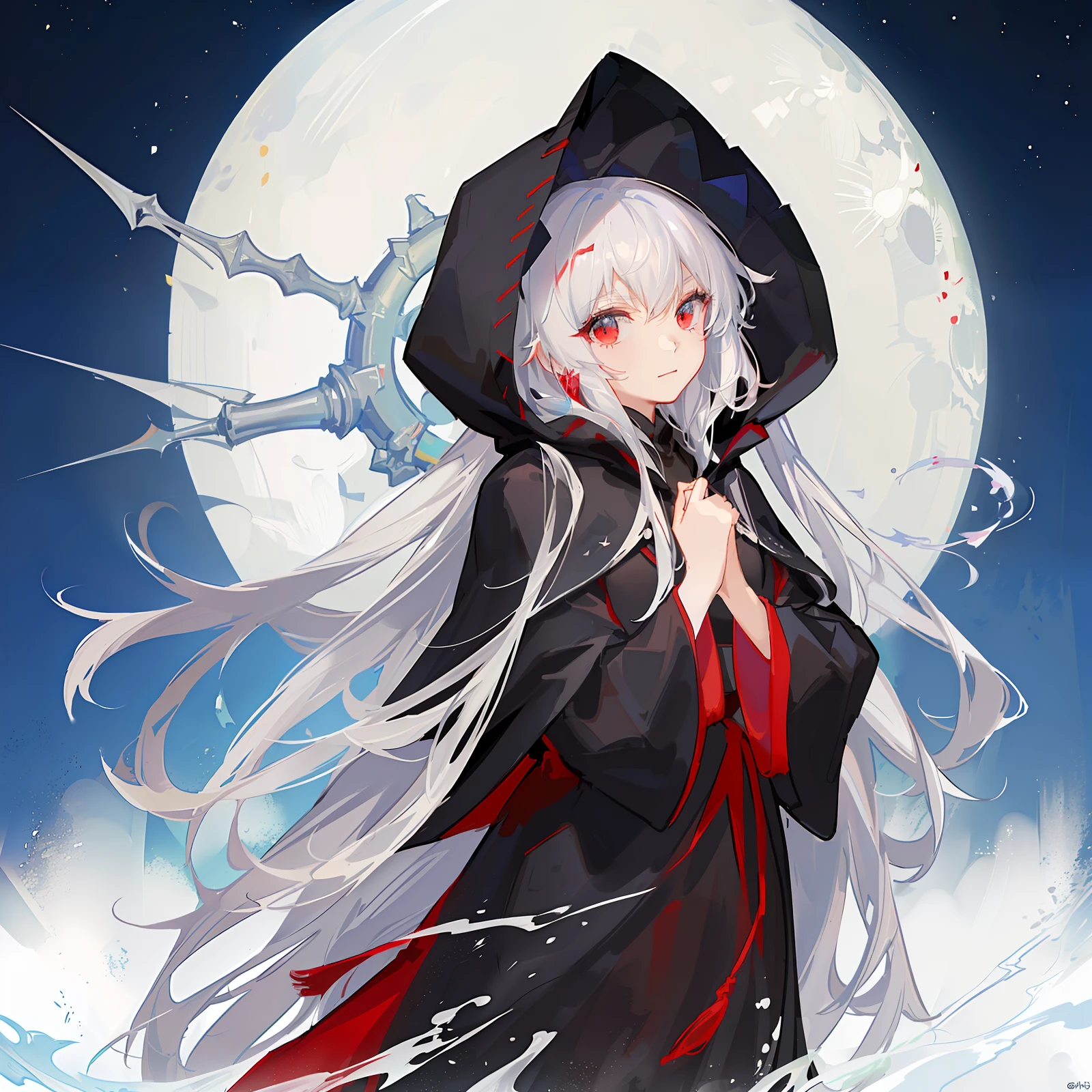 Maiden, black robe, hood, cape, red eyes, long white hair, calm expression, faint smile, anime, hand holding candle,