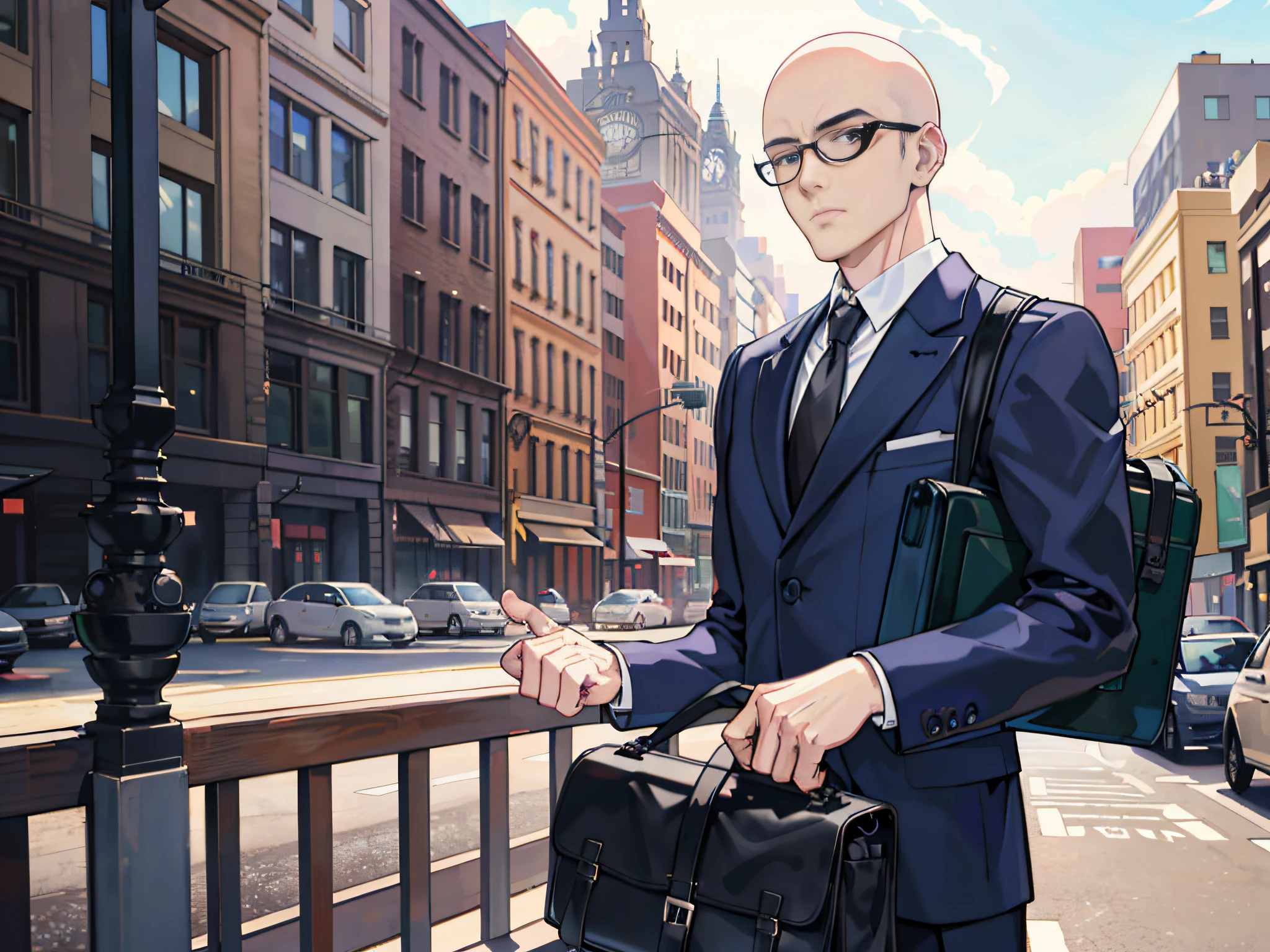 anime man in a suit and tie holding a briefcase on a city street, official character illustration, high detailed official artwork, stylized urban fantasy artwork, handsome saitama, background artwork, anime style cityscape, digital anime illustration, official character art, wearing a strict business suit, official fanart, epic and classy portrait, anime handsome man, anime portrait of a handsome man