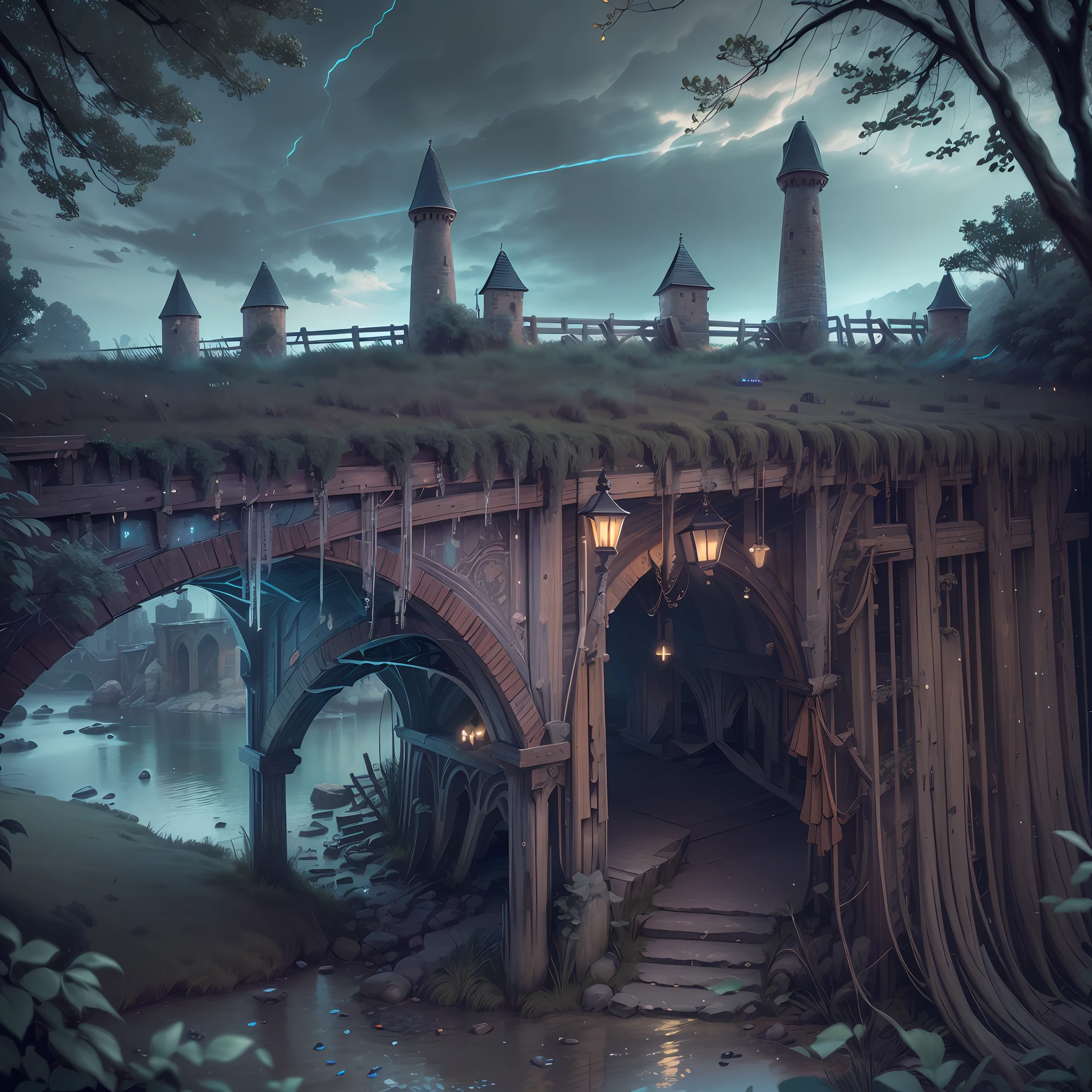 Computer, Extensive ultra photography (general view, bridge 1: 5, Scale, realistic fantasy, ultradetail, volumetric, detailed clarity, general view, detailed gloomy landscape under the bridge, computer accuracy, 1: 2, 8kk. In the foreground is a large stone bridge, a bridge arch, gray, swamp colors (ultradetailed), under the bridge there is a bank, a bridge arch, steps, cobwebs under the pavement, a large wooden barrel (1: 2), made of wood (ultradetailed), stones, a river,  Dark, Dark Colors, Horror, Magic(Best Quality), 4K, Ultra Detailed, (Dynamic Composition: 1.4), High Detailed, Colorful Details, (Dark Colors: 1.2), (Luminous Lighting, Atmospheric Lighting), Cool, Gloomy, Magical --auto --s2