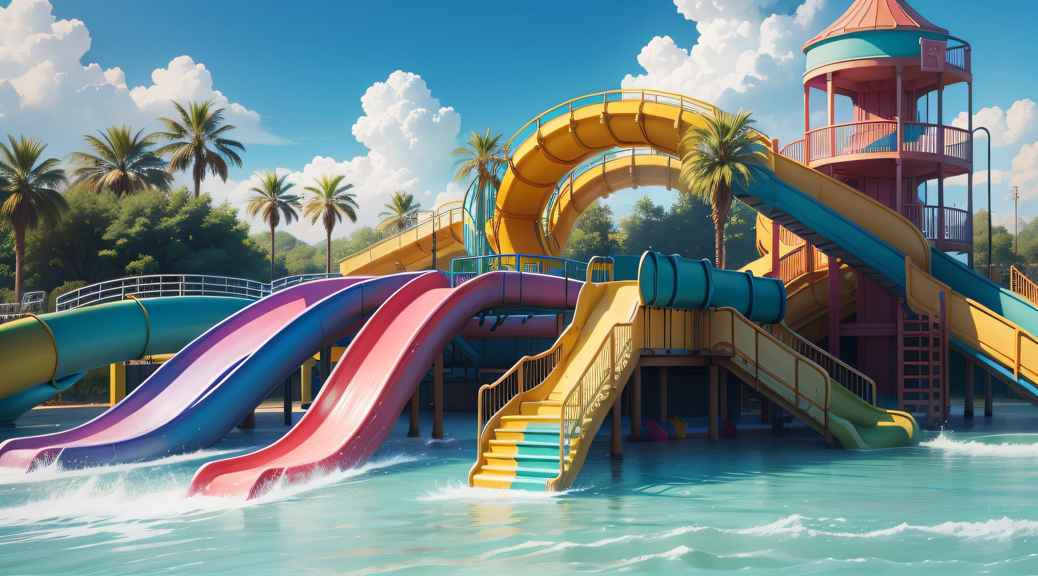 There is a colorful water park, With water slide