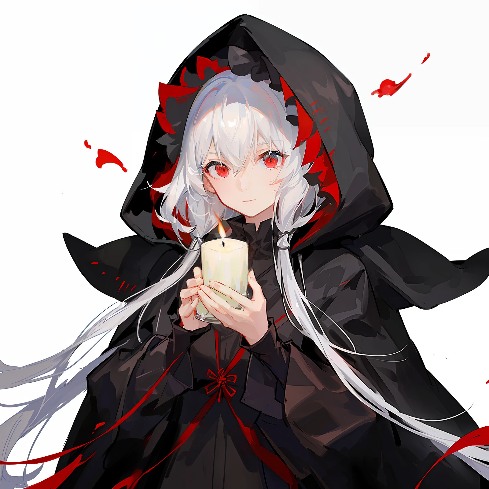 Maiden, black robe, hood, cape, red eyes, long white hair, calm expression, faint smile, anime, hand holding candle,