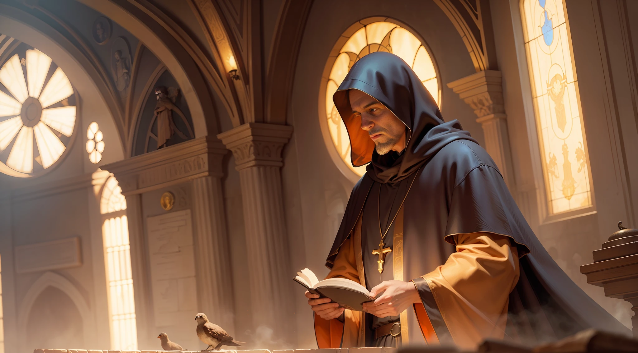 St. Francis of Assisi in the style of 0mib, illustrator, masterpiece, high quality, 8k, high resolution, high detailing, cinematic shading, vivid colors, warm luminosity, golden hour, Greg Rutkowski style