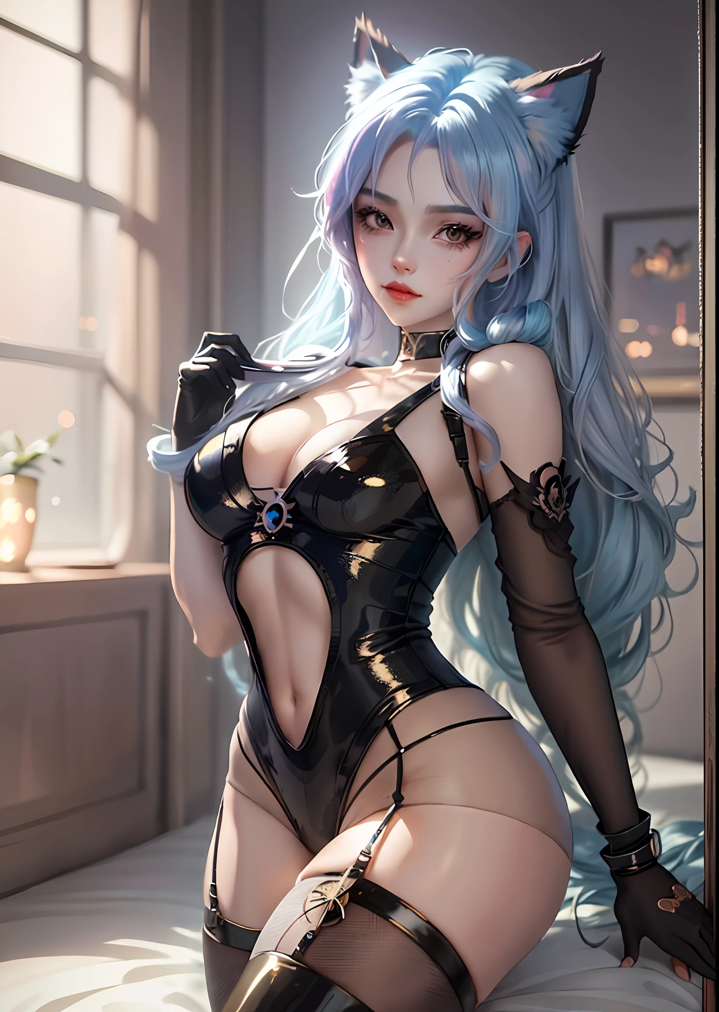Anime girl with blue hair and black stockings posing in a room, seductive anime girl, beautiful seductive anime woman, extremely detailed artgerm, beautiful anime girl, attractive anime girl, anime style 4k, beautiful anime woman, 4k manga wallpaper, 4k anime wallpaper, anime girl, anime girl, anime wallpaper 4k, anime wallpaper 4k, cat ears, fake animal ears, glowing light, 4K, anatomically correct, super detail, best quality, Masterpiece