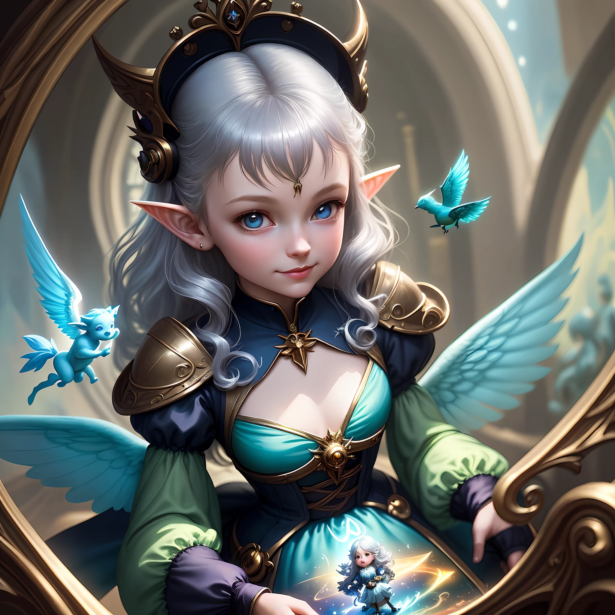 Luminism, fantasy acrylic, digital painting, closeup cute innocent woman playing in living  room with flying cute animal elves and cherubs, having fun, closeup portrait, gothic, baroque, fairytale, dynamic lighting, artstation, Peter Mohrbacher  , craola, WLOP , masterpiece, silver glitter,erotix
