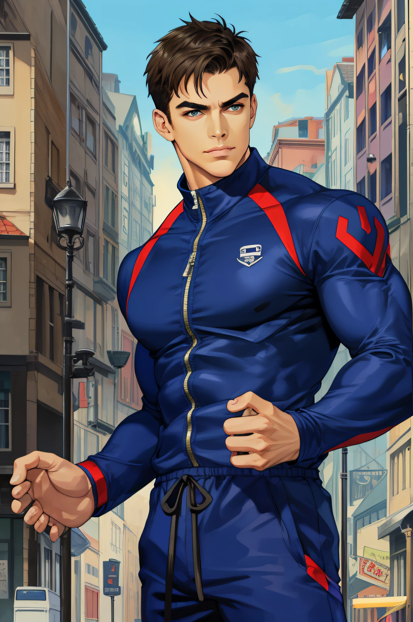 masterpiece, best quality, realistic, 1man, mature male, wide muscular body, broad shoulders, handsome, (very short hair:1.4), thick eyebrows, angular jaw, extremely detailed eyes, tilting head, relaxed lips, big arms, perfect face, modern urban streets, long sleeves, jumpsuit