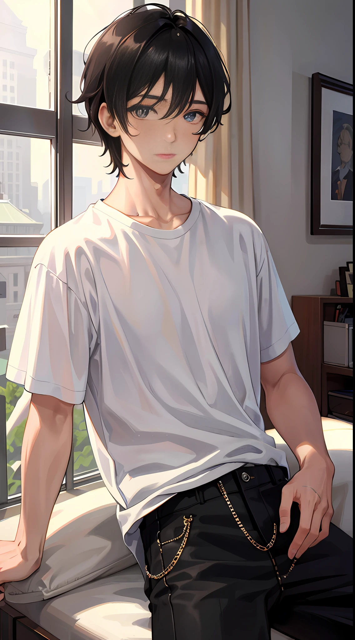 Masterpiece, best quality, super detailed, illustration, beautiful detailed eyes, close up, 1 boy, black hair, comma hair, white t-shirt, black pants, at home