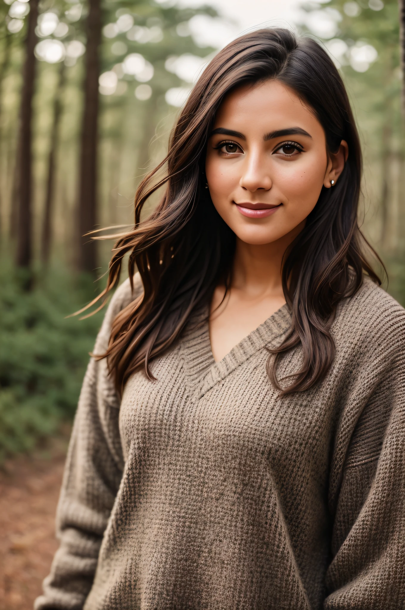 real life raw photo of a beautiful girl (J3ST401:0.99), full body photoshoot, full round face, short smile, brown sweater, forest setting, cinematic lightning, medium shot, mid - shot, highly detailed, trending on artstation, iso 2 0 0, f 1. 4, (8 0 mm:1.03), 8 5 mm, natural light, (morning haze:1.2), absurdres, incredibly_absurdres,