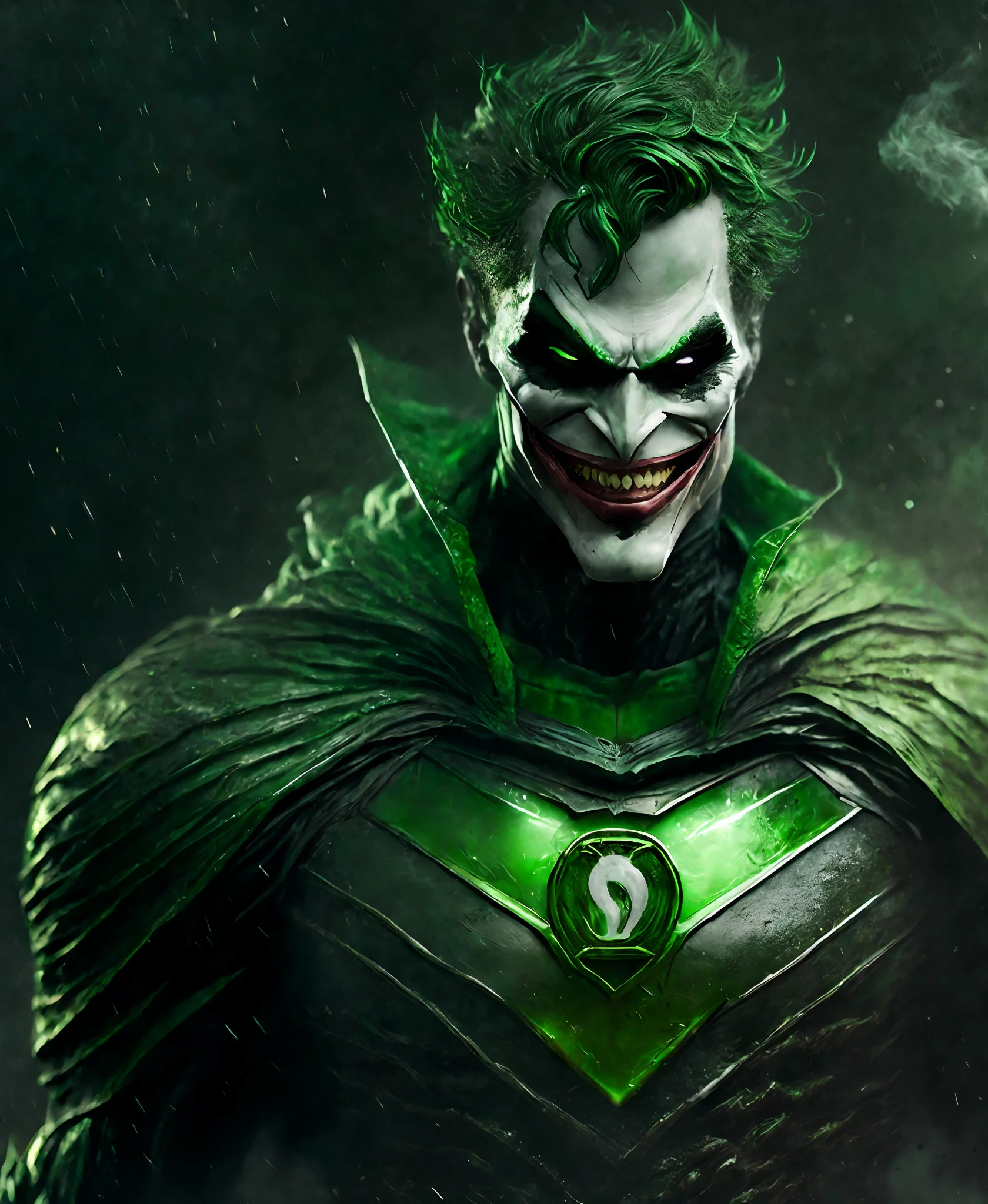 Close-up (Joker Green Lantern from DC in Viking style: 1.3) emerging from wet black mud, extremely detailed, smoke, sparks, metal shavings, flying debris, volumetric light