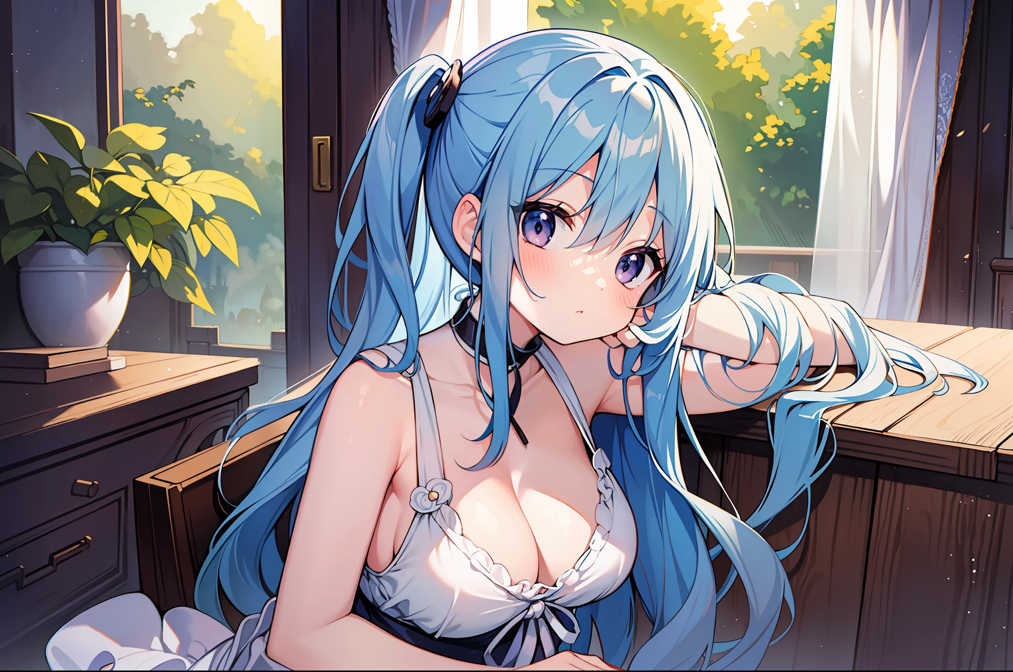 (Masterpiece), (Best Quality), Official Art, One Little Girl, Lori with Pale Light Blue Hair, One Piece, Sleeveless, Small Breasts, Cleavage, Thighs Also Focus