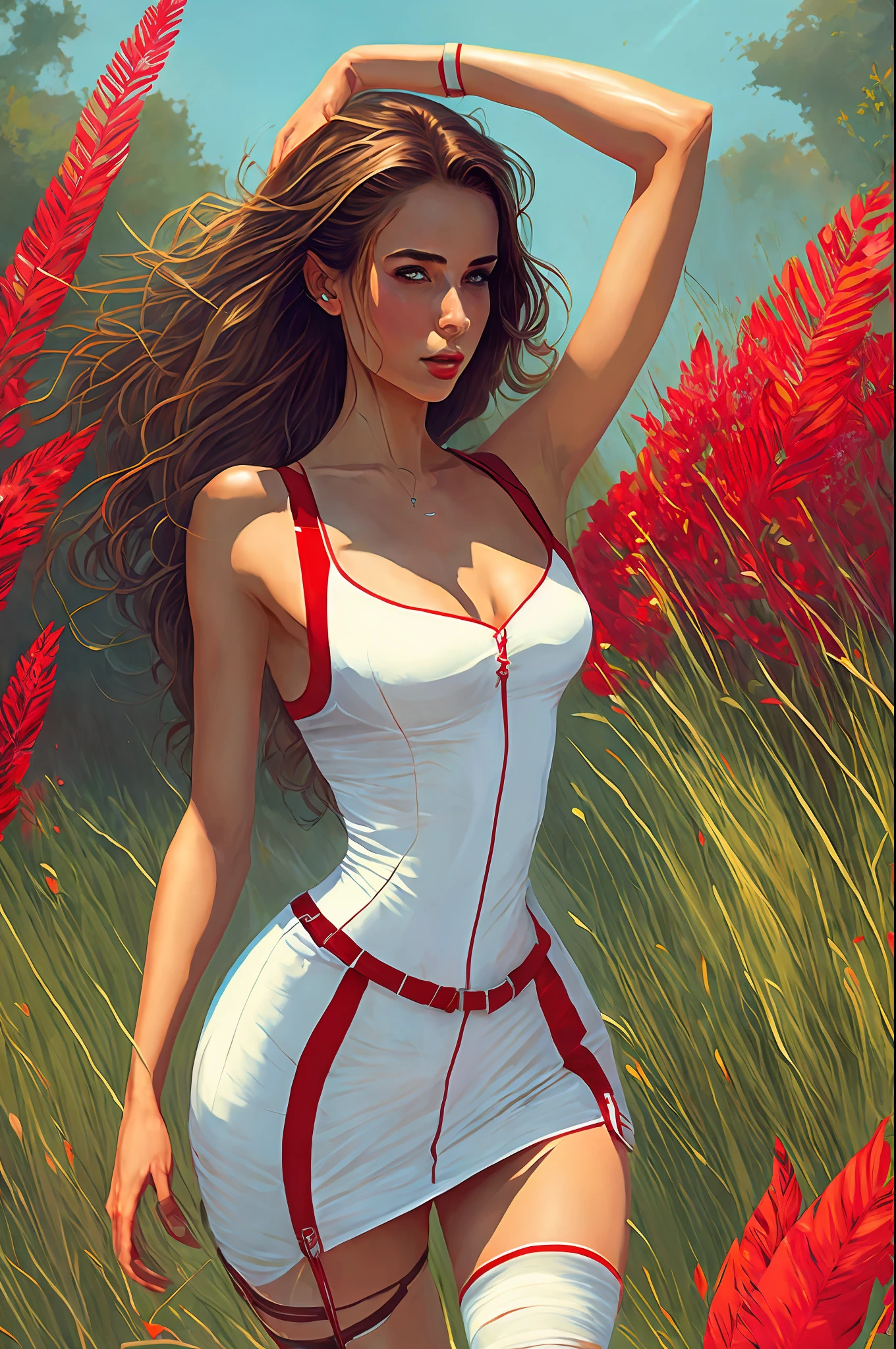 Beautiful girl in summer walking on the field in very tall grass, beautiful slim figure, small breasts, aesthetics of the female body, white stockings with garters, red mini dress, bikini, topic, in the style of Dan Mumford Artwork, Computer Game Art, Psytrance, Hydro74 Style