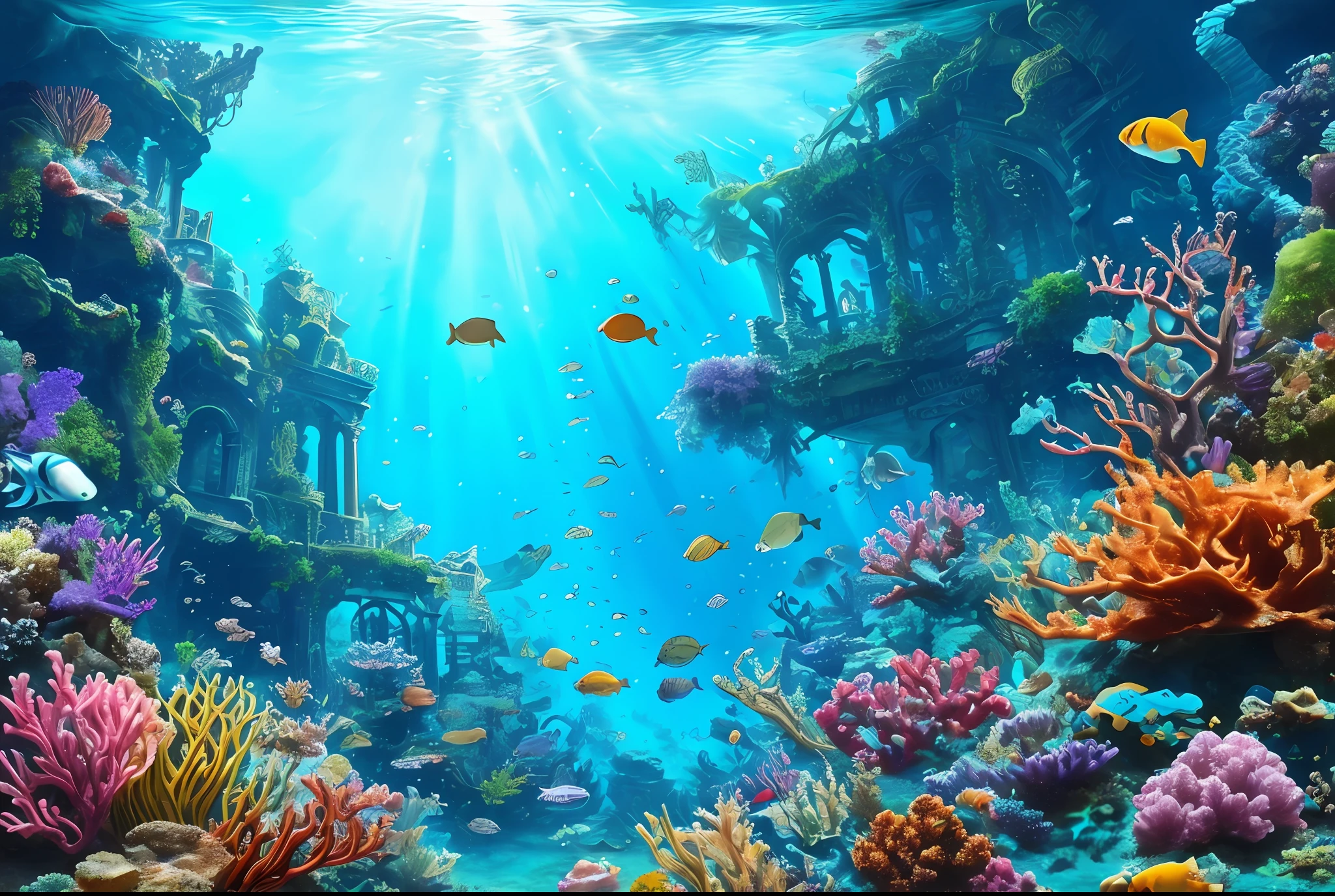 Underwater world deep sea, epic reality, (hdr: 1.4), dappled sunlight, cool colors, ancient ruins, underwater cities, ocean-type houses full of design sense, epic composition, (complex details), (complex details , Ultra Detail: 1.2), Art Station, Movie Snippets, Complex Backgrounds, (Masterpiece, Best Quality) --v 6