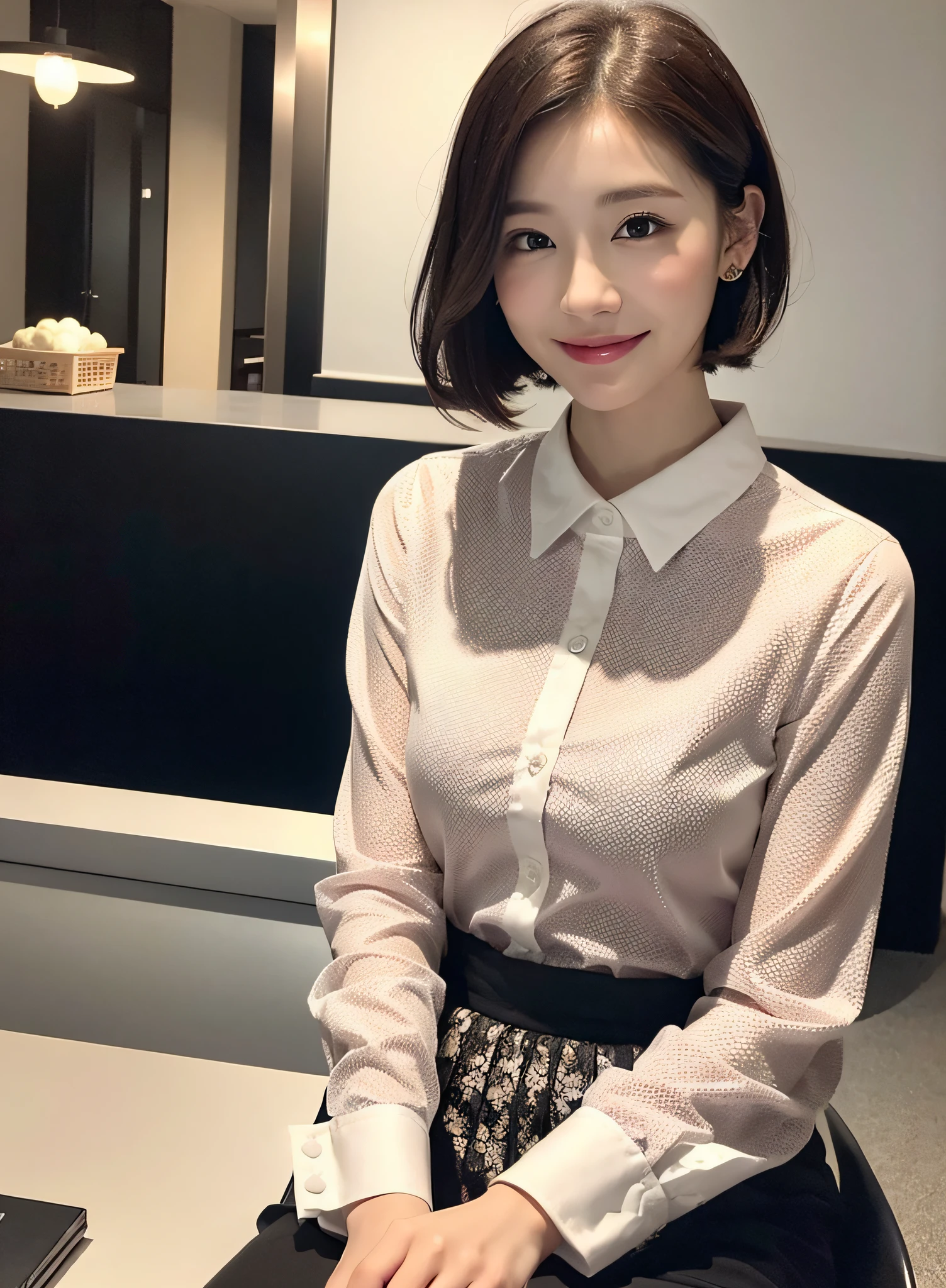 (8k, top quality, masterpiece: 1.2), (realistic, photorealistic: 1.37), super detailed, Japan person, 1 girl, cute, lovely, adorable, alone, beautiful detailed sky, detailed café, night, sitting, date, (blush), (smile: 1.15), (closed) big, beautiful details, (shirt with collar: 1.1),business wear, white lace,(short hair: 1.2) ,Floating Hair NovaFrogStyle,