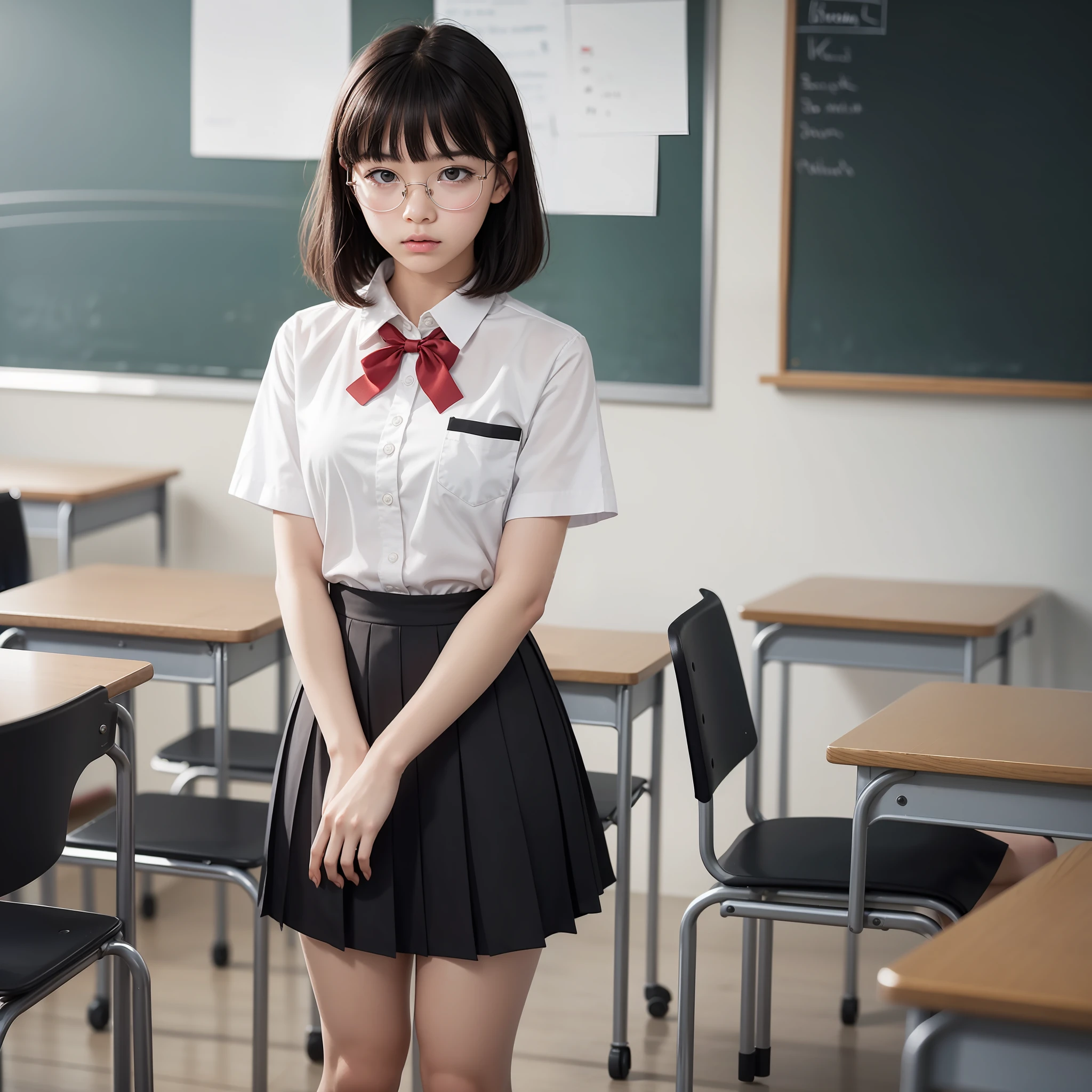 Blurry, Blurred background, Blurred foreground, Depth of field, 1 girl, Photo (medium), 18 years old, Classroom, Ribbon, School chair, Solo, Surprisingly small, Full body, Glasses, Glaring, Angry, Alone, Red bow, Uniform, 3D, Asian, Lips, Motion blur, Standing, Watching, Shirt, Indoors, White shirt, Short hair, Ribbon tie, Blackboard, Bangs, Black hair