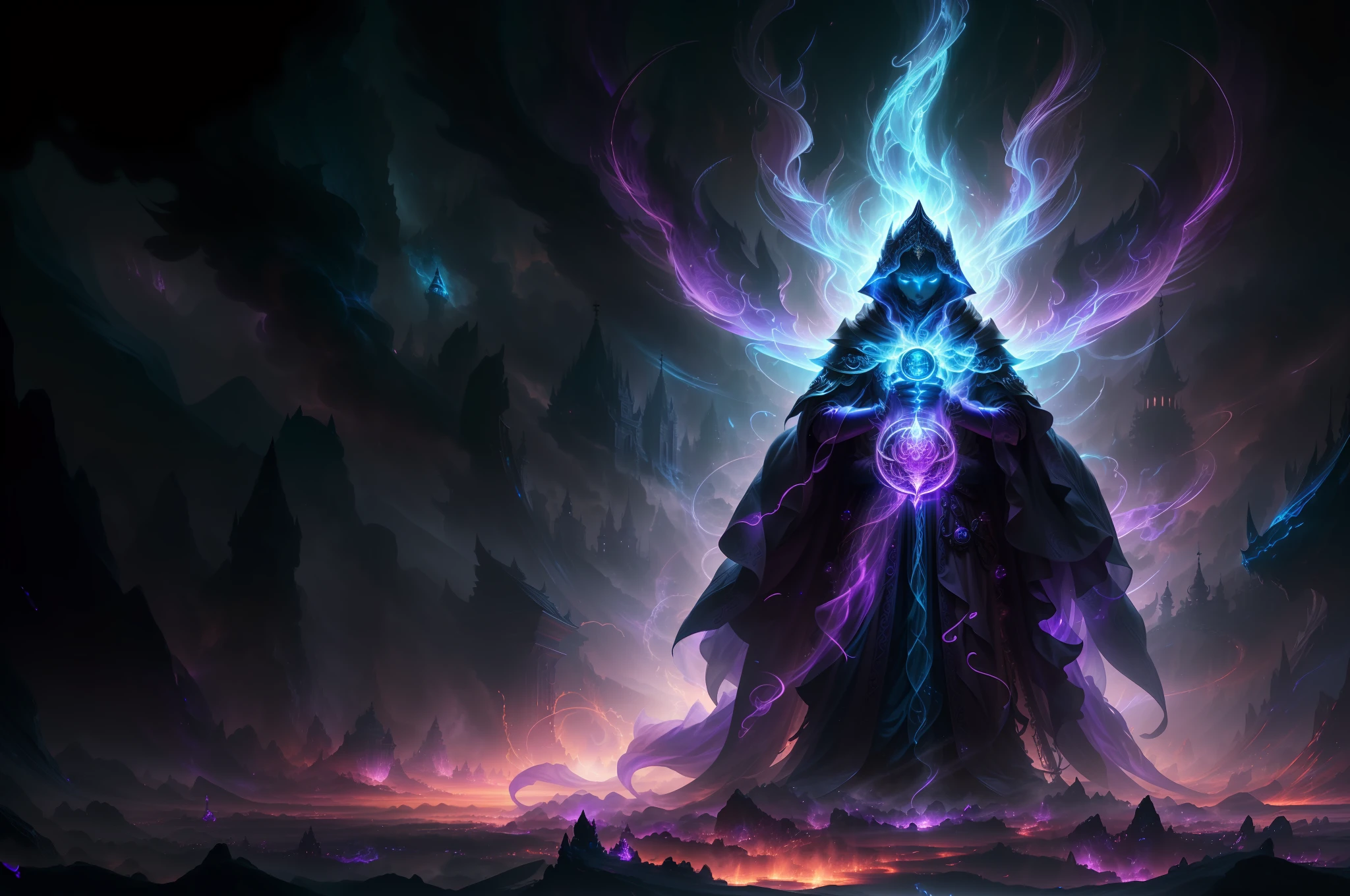 (extremely detailed CG unit 8k wallpaper, masterpiece, best quality, ultra-detailed), (better lighting, better shadow, an extremely delicate and beautiful), floating, (sacred lich), (dark lich), high resolution, dynamic camera angle, dynamic pose, blue magic flames, purple magic flames, dark atmosphere. faceless creature