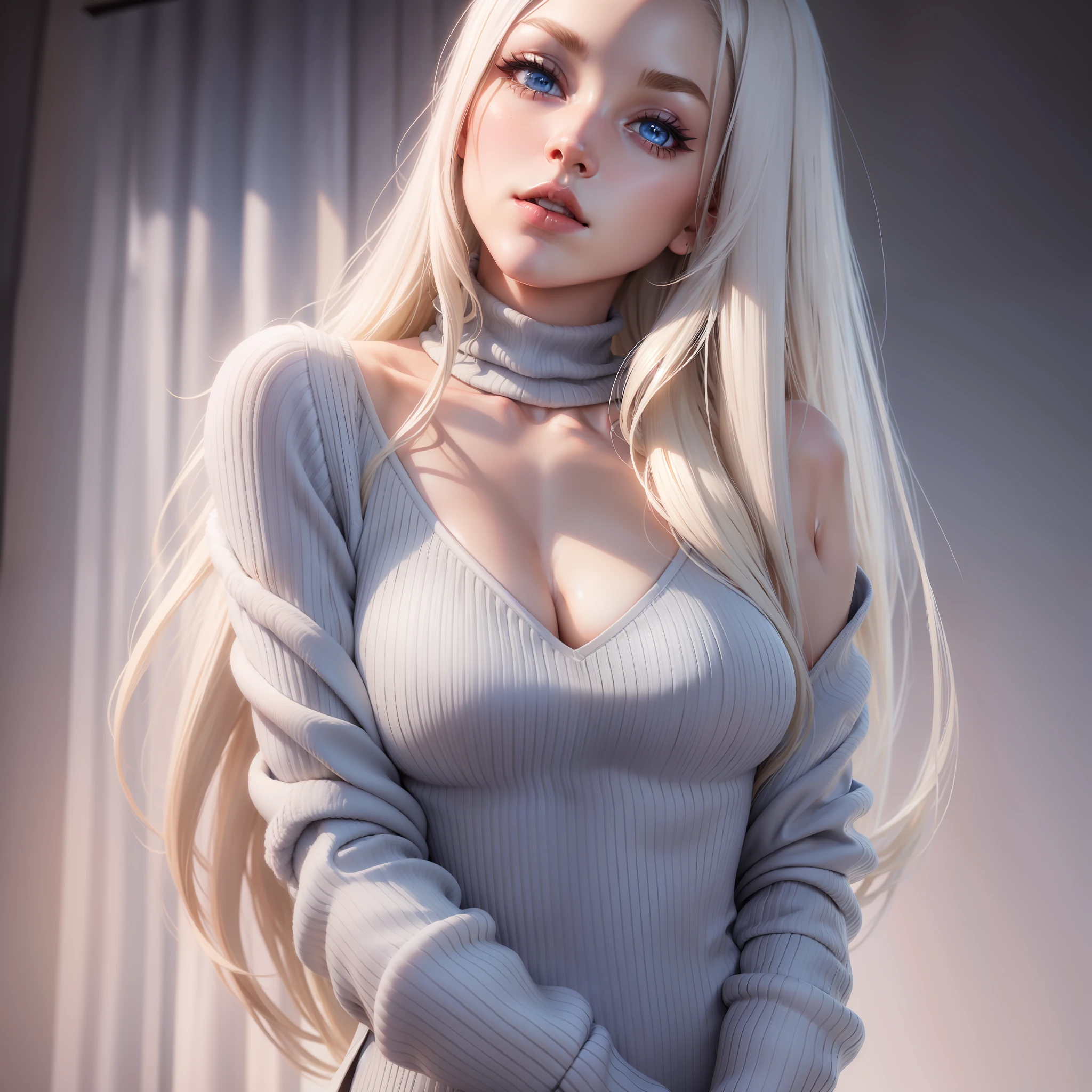 virgin killer sweater, (long straight platinum_blonde hair), Light_blue eyes, perky D-cup breasts, sexy pose, backlit, soft lighting, RIM lighting, HD, 8k, European girl, smokey eye makeup,
