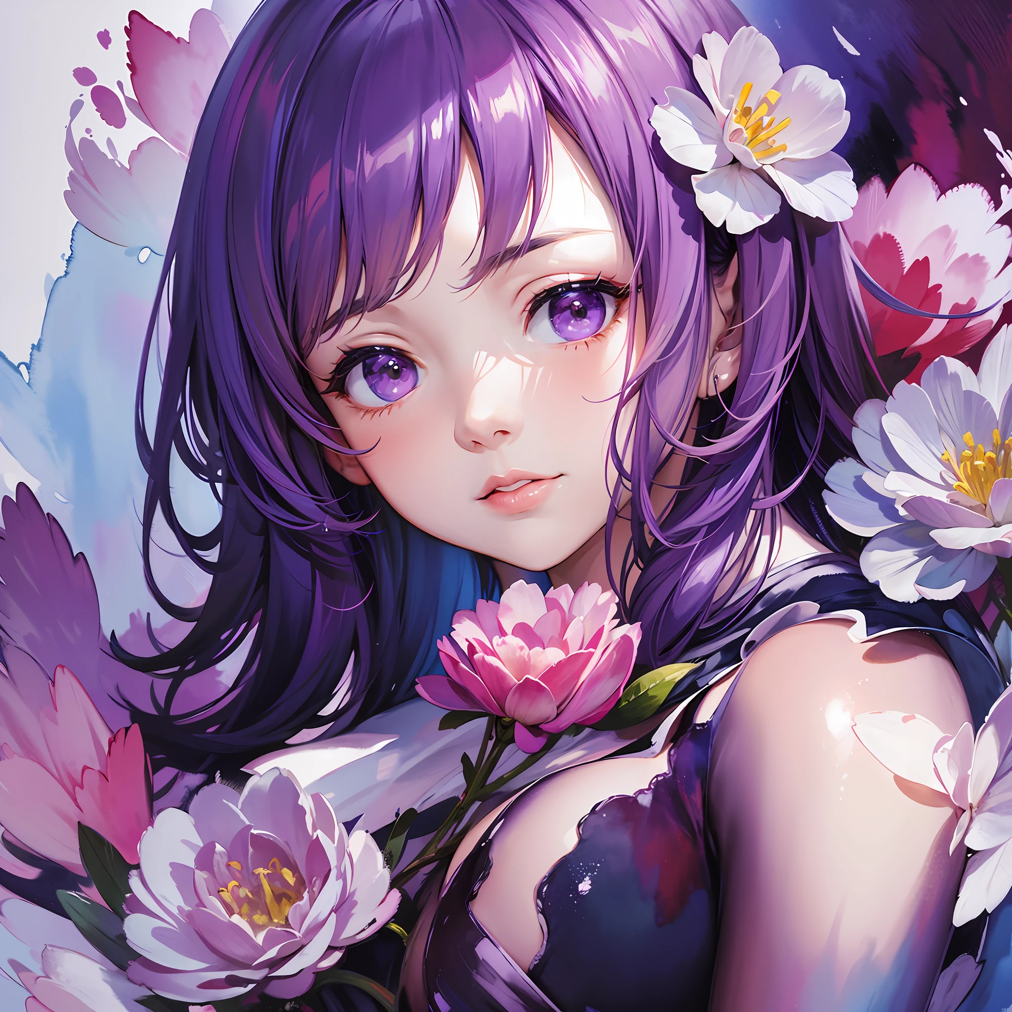 1girl, flowers, eustoma in pale pink and bright azure style, dreamy romantic composition, deep red of passion, ethereal leaves, playful arrangement, fantasy, high contrast, ink strokes, explosions, overexposed, purple and red tones impression, abstract, (watercolor by John Burkey and Jeremy Mann)) brush strokes, ultra detailed,masterpiece, best quality,xtremely detailed,BREAK,bold forms
