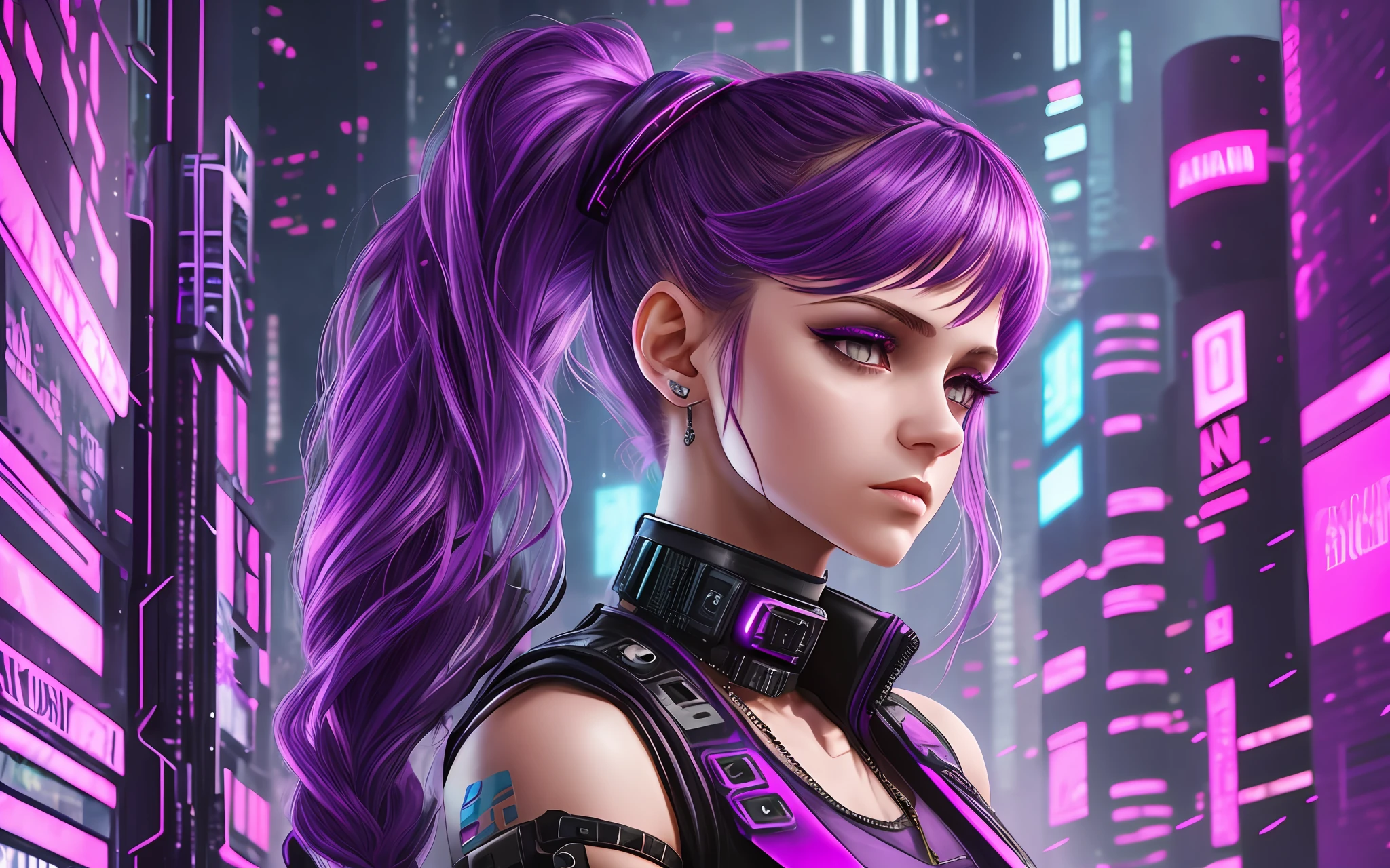 Alisa Freundlich, Alisa Shor, Alisa Kuzmina, Alisa Selezneva, girl with a purple ponytail of hair, cyberpunk style, cyberpunk lighting, cyberpunk vibes
