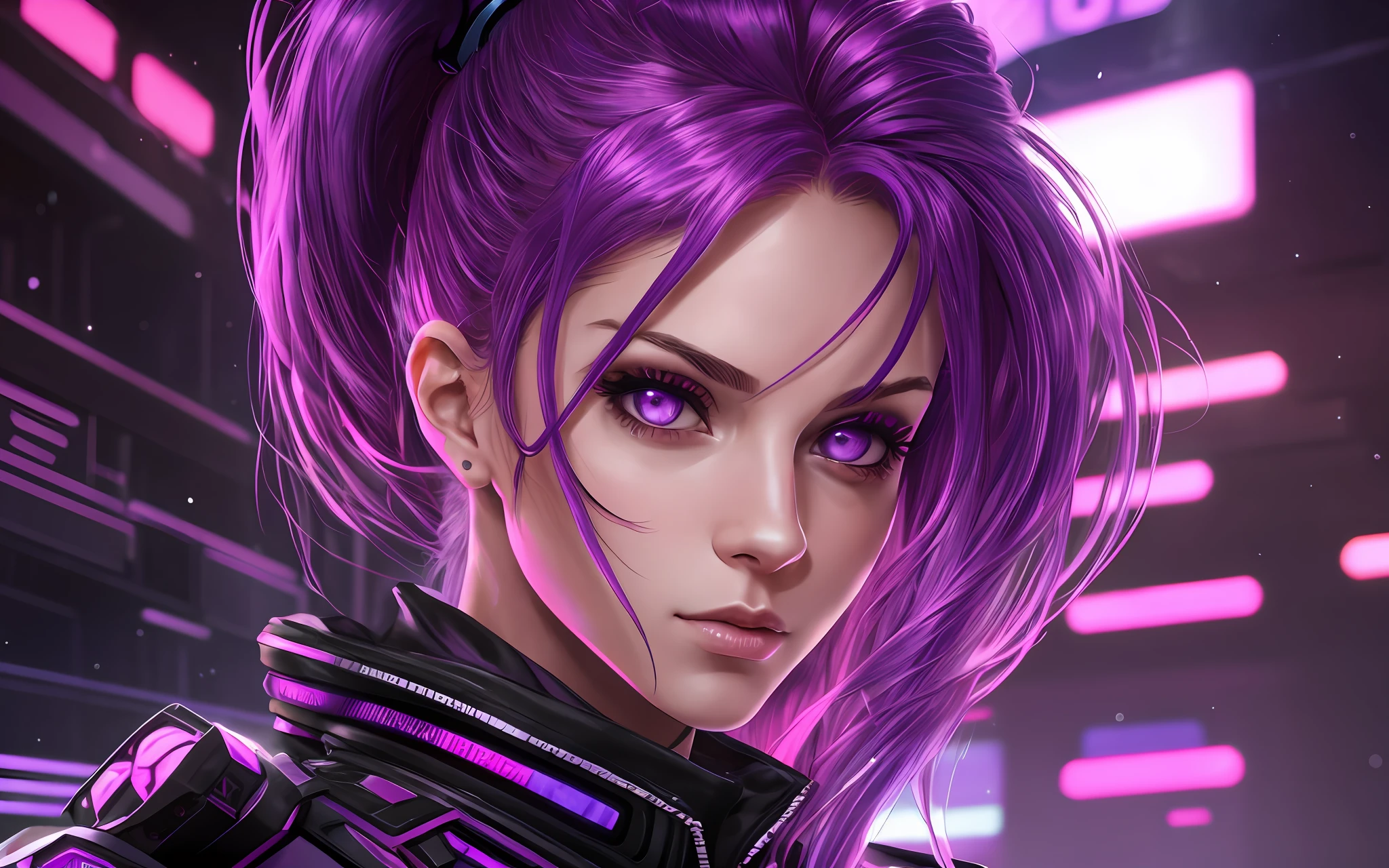 Alisa Freundlich, Alisa Shor, Alisa Kuzmina, Alisa Selezneva, girl with a purple ponytail of hair, cyberpunk style, cyberpunk lighting, cyberpunk vibes