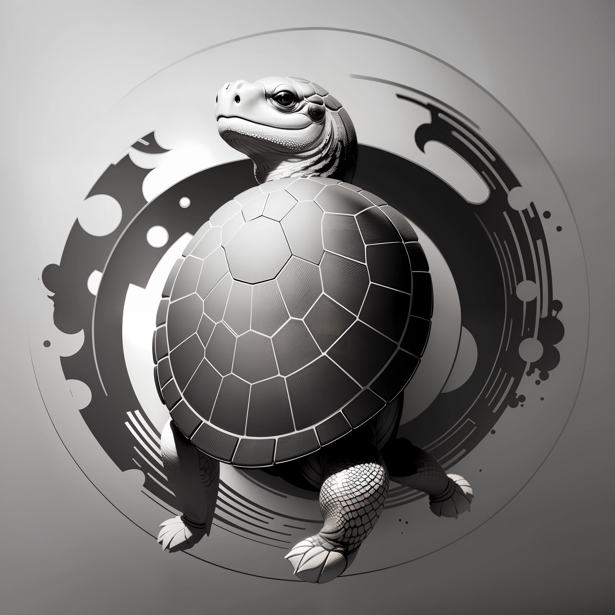 A simple and elegant turtle drawn with minimalist lines, showcasing its distinctive shell pattern, against a white background, with a touch of whimsy and playfulness, a hint of Japanese calligraphy, black and white --auto --s2