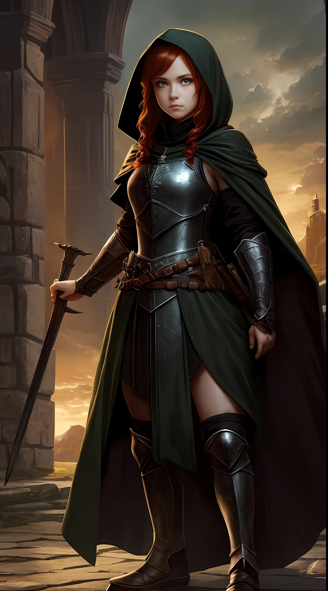 A girl, beautiful, perfect, small, epic character, brown skin, green eyes, (red hair), wearing black armor, wearing black robe, wearing black hood, masterpiece, High-quality, medieval, burgh, warrior, D&D style, RPG book character