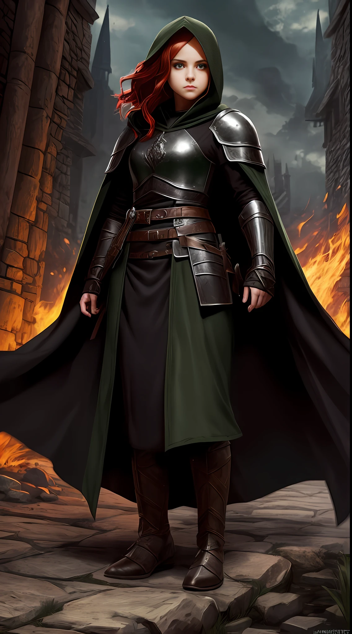 A girl, beautiful, perfect, small, epic character, brown skin, green eyes, (red hair), wearing black armor, wearing black robe, wearing black hood, masterpiece, High-quality, medieval, burgh, warrior, D&D style, RPG book character