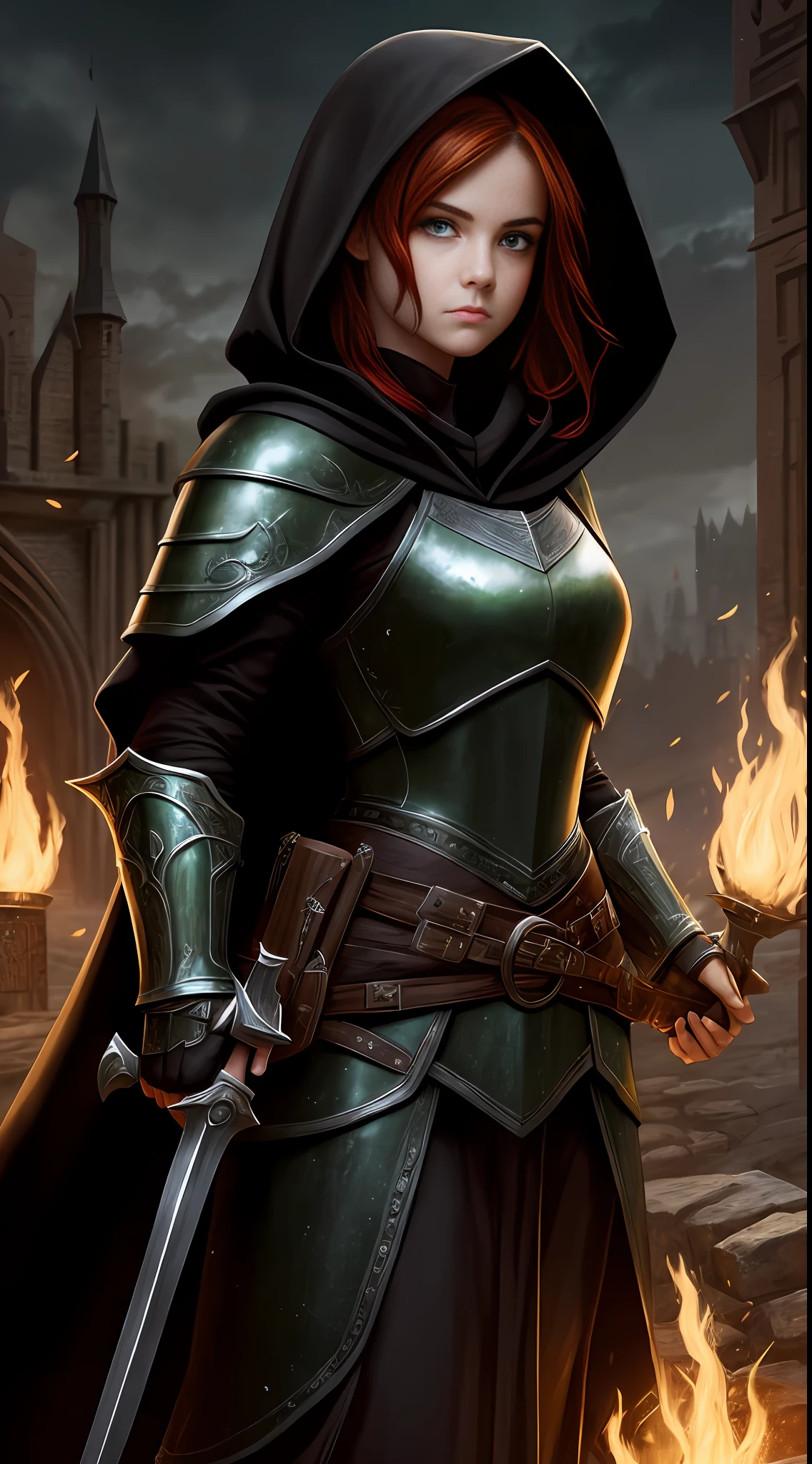 A girl, beautiful, perfect, small, epic character, brown skin, green eyes, (red hair), wearing black armor, wearing black robe, wearing black hood, masterpiece, High-quality, medieval, burgh, warrior, D&D style, RPG book character