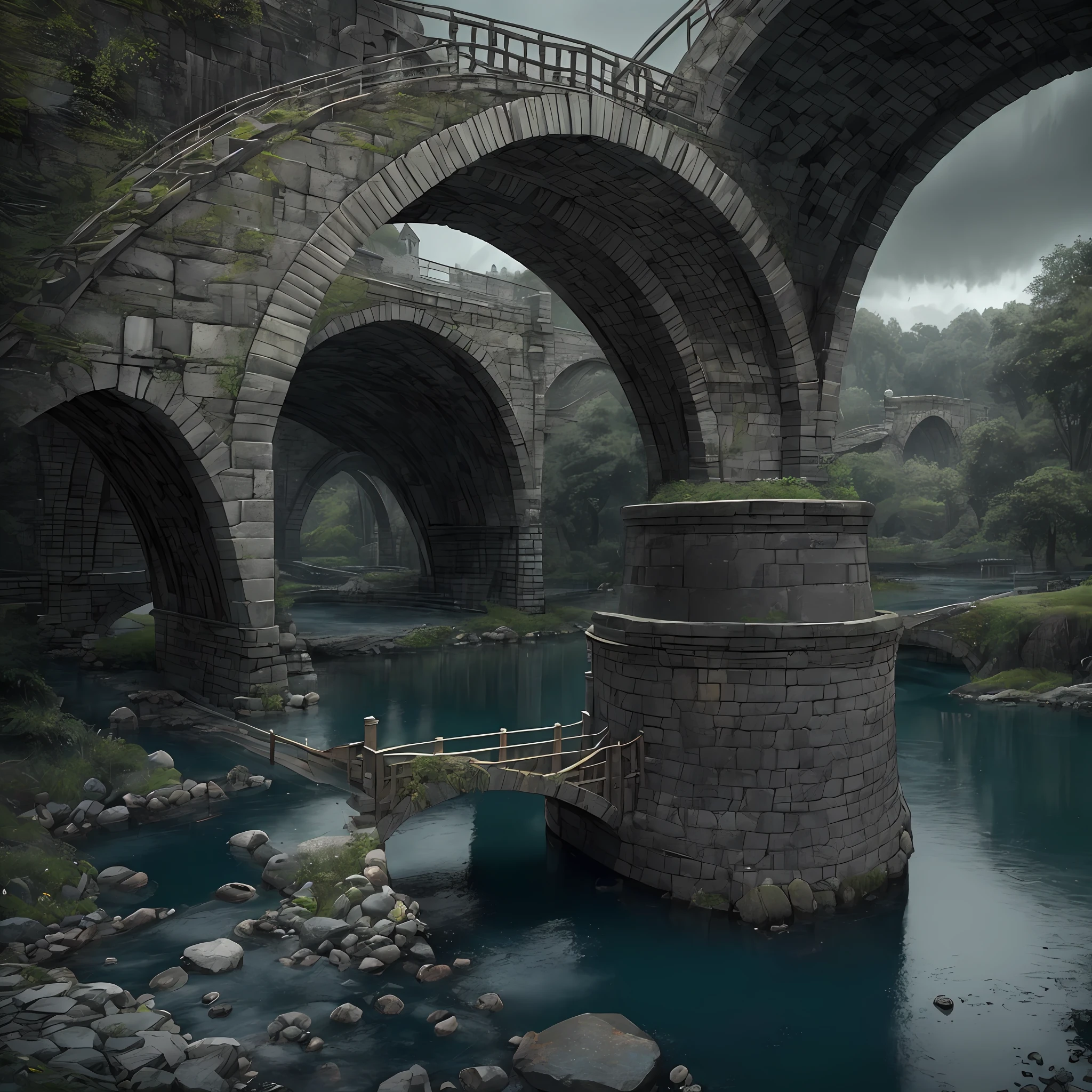 Computer, Extensive ultrasound photography (general view, bridge 1: 5, Scale, realistic fantasy, ultradetail, volumetric, detailed clarity, general view, detailed gloomy landscape bridge arch, under the bridge, computer accuracy, 1: 2, 8kk. In the foreground is a large beer barrel, a large stone bridge, a bridge arch, gray, swamp colors (ultradetailed), a bridge arch, under the bridge there is a bank, steps, a web under the pavement, a large wooden barrel (1: 2), Wood (Ultradetail), Bridge Arch, Stones, River, Dark, Gloomy Colors, Horror, Magic(Best Quality), 4K, Ultra Detailed, (Dynamic Composition: 1.4), High Detailed, Colorful Details, (Gloomy Colors: 1.2), (Luminous Lighting, Atmospheric Lighting), Cold, Gloomy, Magical