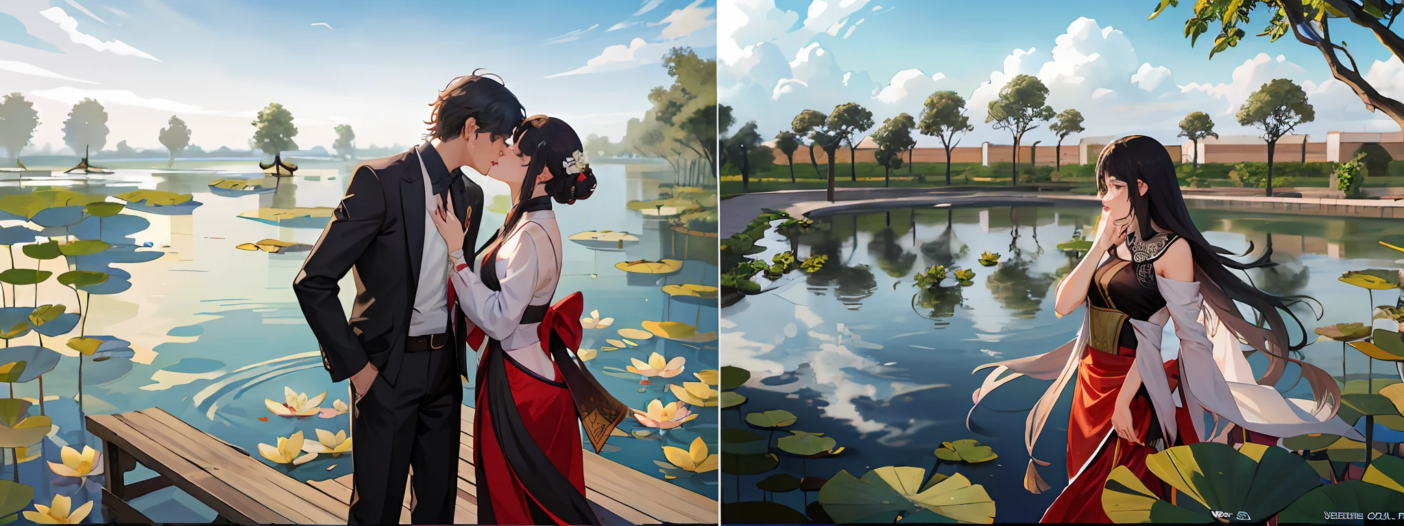 A man and a woman kissing their mouths, lotus pond in background, lotus leaves