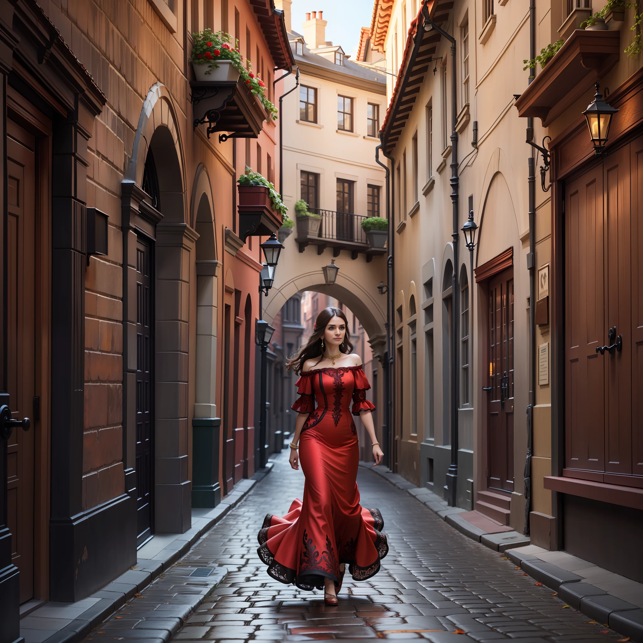 "A woman in a vibrant red dress walks gracefully on a cobblestone street in a historic city. The buildings around her are rich in architectural details, with ornate facades and framed windows. The high-resolution imagery of 8K allows for appreciating every intricate detail, from the sculptures on the walls to the weathered textures of the concrete. The soft lighting of the street enhances the vibrant colors of the woman's dress, which is captured in a 4K image quality with crisp colors and patterns."