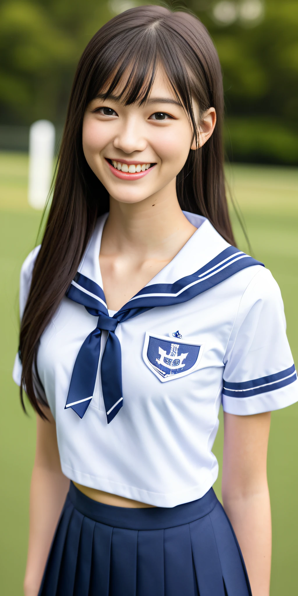 neat college girl, (school uniform, sailor uniform, ribbon tied at chest, summer clothes, upper body white, skirt dark blue, short sleeves), outside the athletic field, (slim), photorealistic, detail, skin texture, ultra detail, delicate and sexy collarbone, smile, super detailed face, detailed lips, detailed eyes, double eyelids, small breasts, small breasts, small, flat breasts, breast emphasis