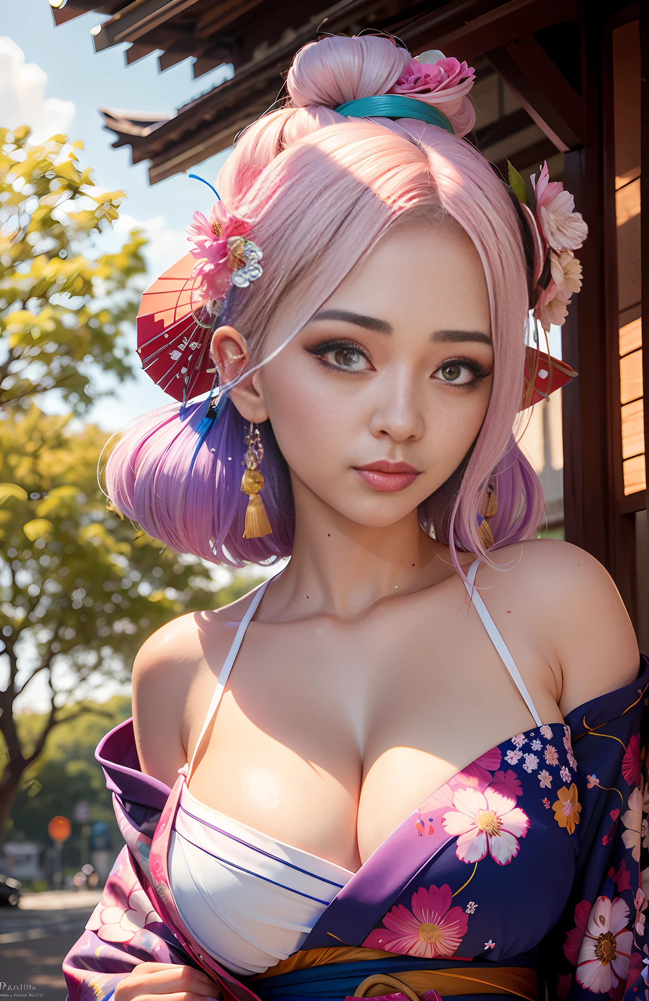 shukezouma, octane render, hdr, (hyperdetailed:1.15), (soft light, sharp:1.2), 1girl, beautiful girl, ultra detailed eyes, mature, plump, thick, painting drops, paint teardrops, woman made up from paint, entirely paint, splat, splash, long colored hair, kimono made from paint, ultra detailed texture kimono, paint kimono, paint bulb, exposed cleavage, sexy, paint drops, outdoors, exposed shoulders, sakura trees, tears, sexy