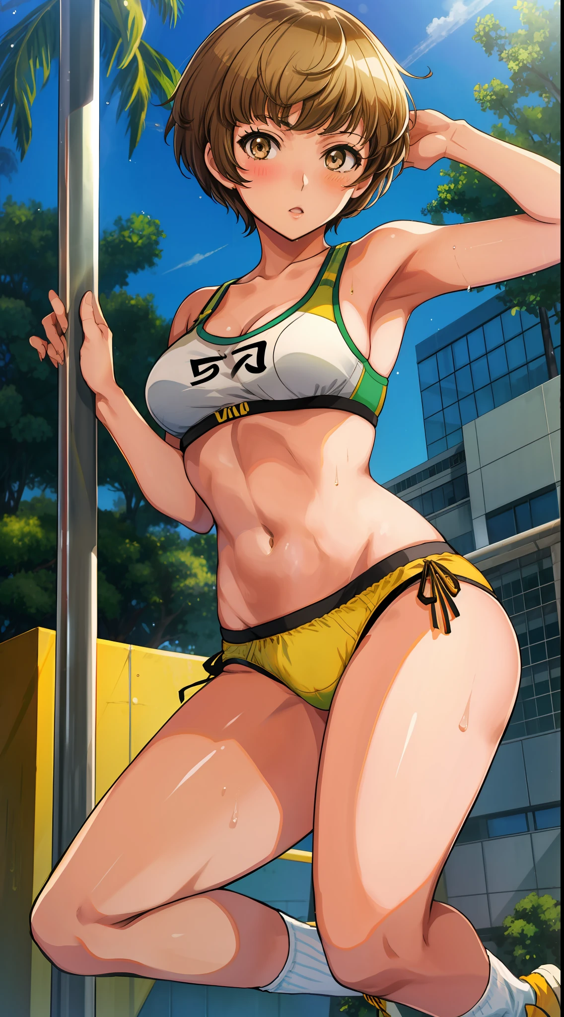 1 woman, Chie Satonaka (persona 4, light brown short hair, white skin, brown eyes, strong fit body:1,2), tight wet bra and green and yellow panties, bare shoulders, looking at the viewer, white socks and sneakers, lascivious, ecchi, wideshot, bare belly, blushing, sexy:1,5, daning on a strip pole