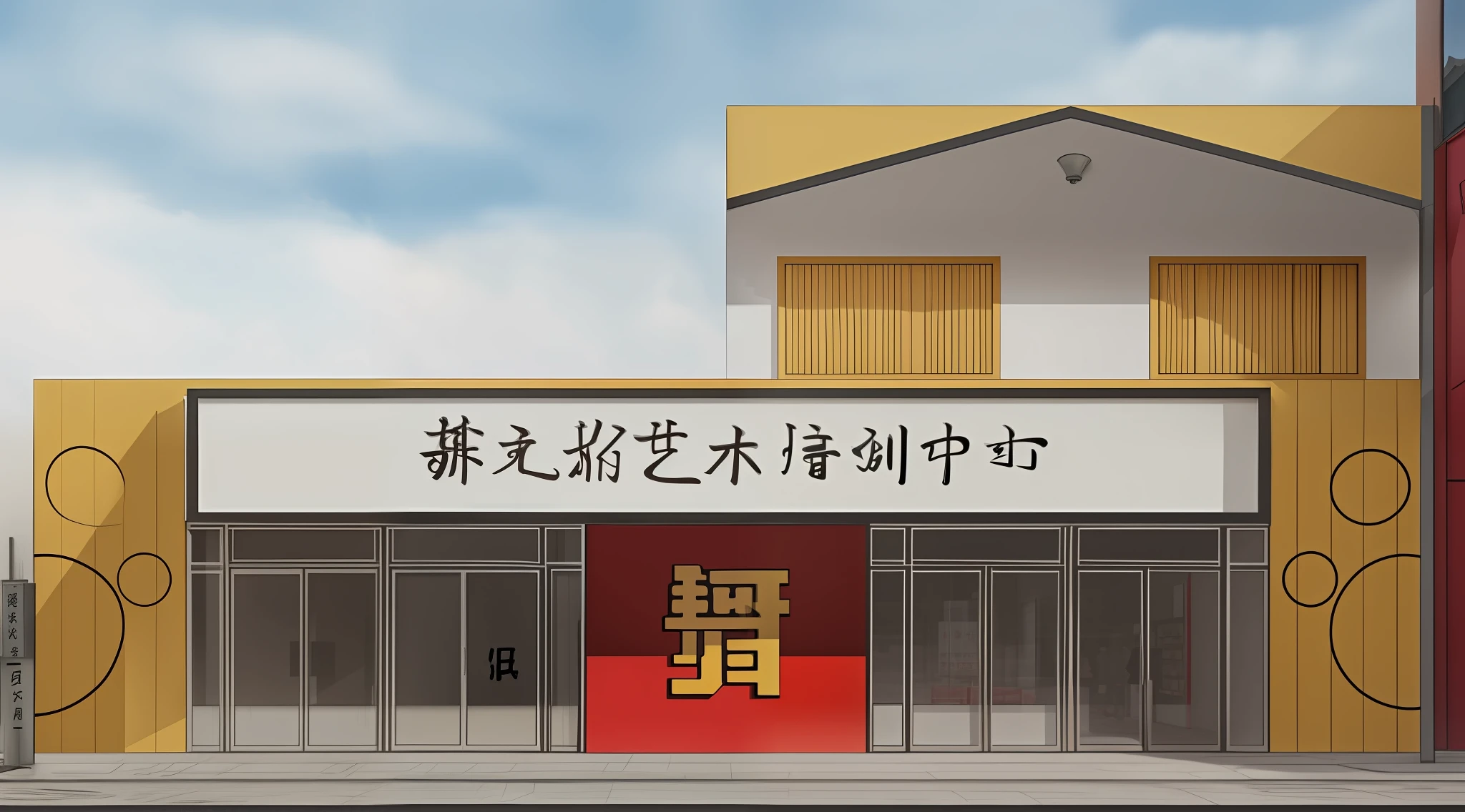 Drawing of the building with Chinese sign, building facing, with Chinese, front view, by Sengai, storefront, other smaller buildings, façade, shop, real