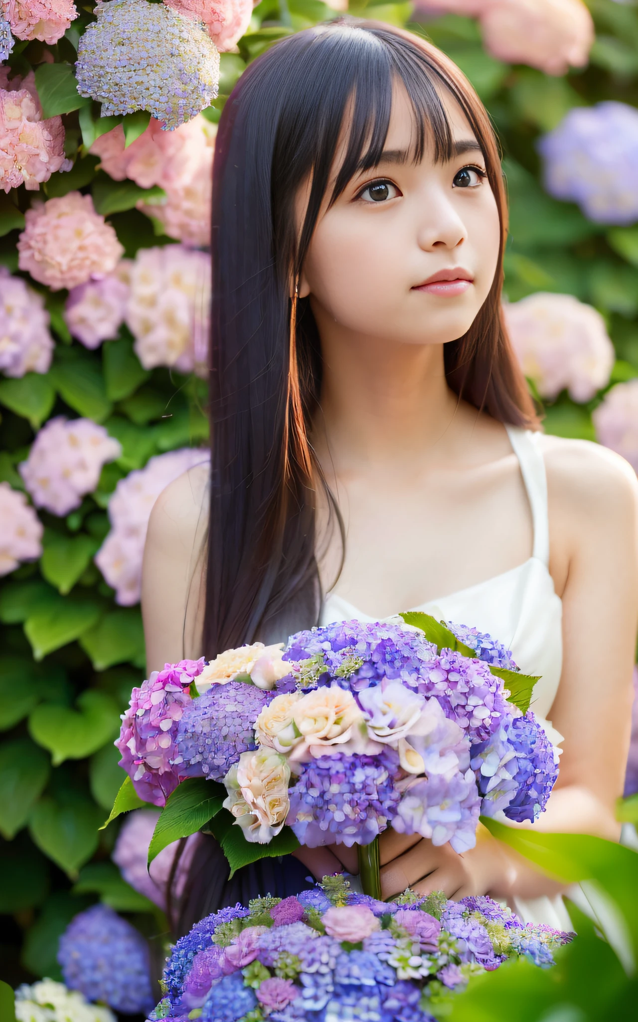 twilight rays, wedding dress, corolla, (((Tokugawaen)), hydrangea foreground bokeh, bokeh, photorealistic, surrounded by hydrangeas, background, dark, smiling, (one girl), (sunset: 1.3), (8k, raw photography, best quality, masterpiece: 1.2), (realistic, photorealism: 1.37), best quality, ultra high resolution, (focus surface: 1.8), ( Portrait: 1.7), (Intense:1.1), (Details:1.1), (Highest Quality), (Analog:1.2), (High Sharp), Canon EOS R Photography, (Summer Dress:1.4), (Standing in a Flower Garden:1.3), (Vivid and Colorful:1.3)